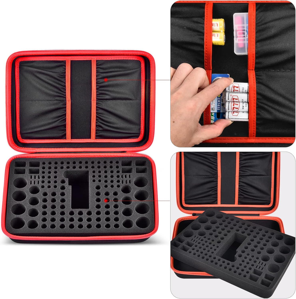 Comecase Battery Organizer Storage Box, Carrying Case Bag Holder - Holds 140+ Batteries AA AAA AAAA C D 9V - with Battery Tester - Red(Batteries are Not Included)