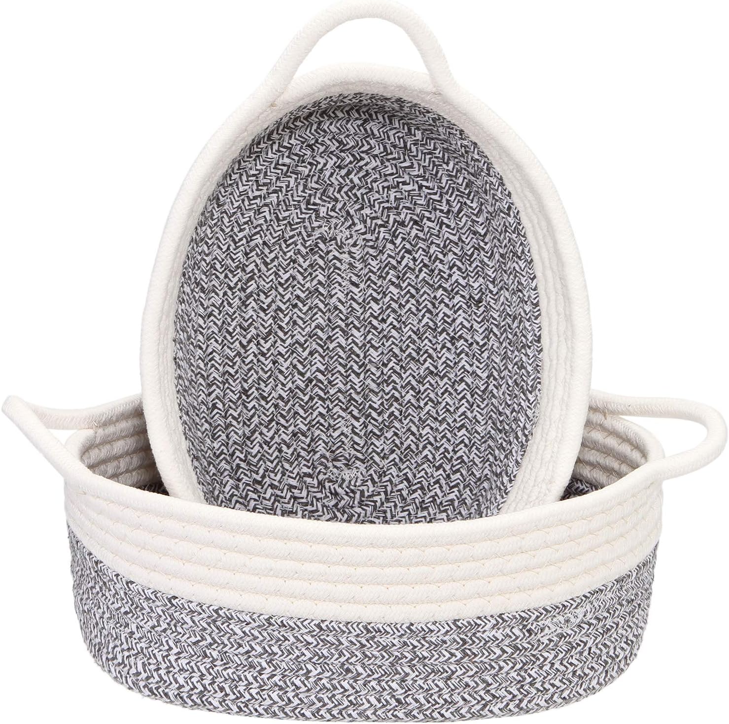 Sea Team 2-Pack Cotton Rope Baskets, 10 x 7 x 4 Inches Small Woven Storage Basket, Fabric Tray, Bowl, Oval Open Dish for Fruits, Jewelry, Keys, Sewing Kits (Mottled Grey & White)