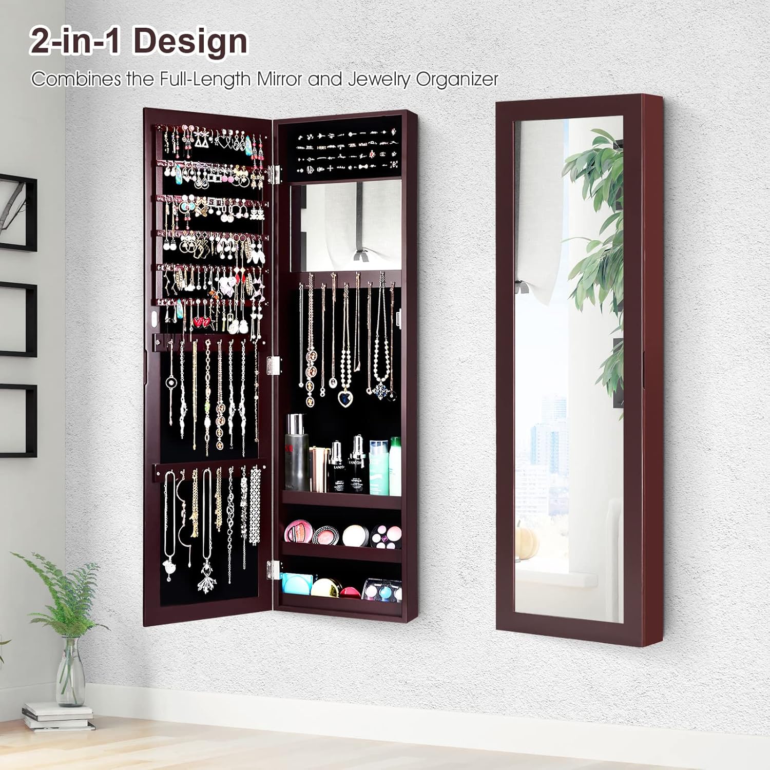COSTWAY Full Length Mirror Jewelry Cabinet, Wall Door Mounted Jewelry Organizer with Makeup Mirror, Ring Slots and Necklace Hooks, Large Storage Jewelry Armoire for Bedroom, Dressing Room (Brown)