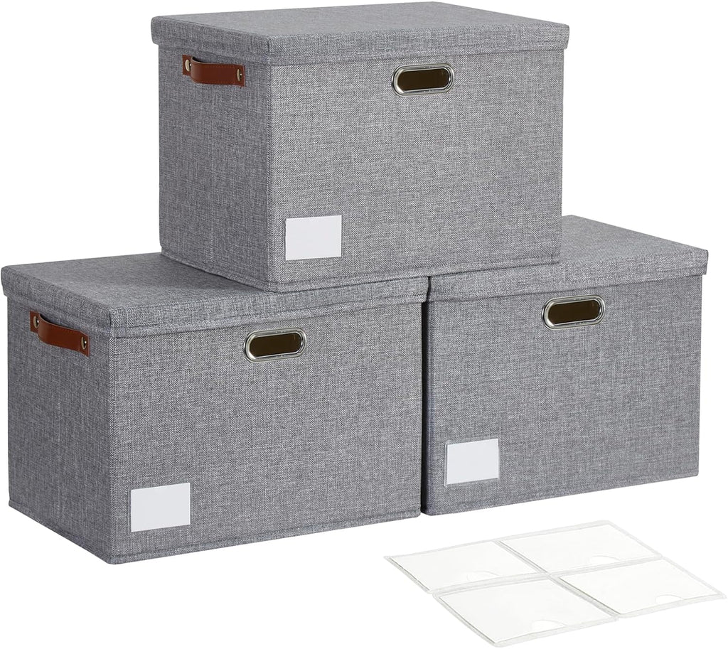17" Large Collapsible Storage Bins with Lids, Stackable Closet Organizers with PU Handle and Labels, 3-Pack Decorative Fabric Storage Boxes for Home, Bedroom, Closet, Office, Nursery(Gray)