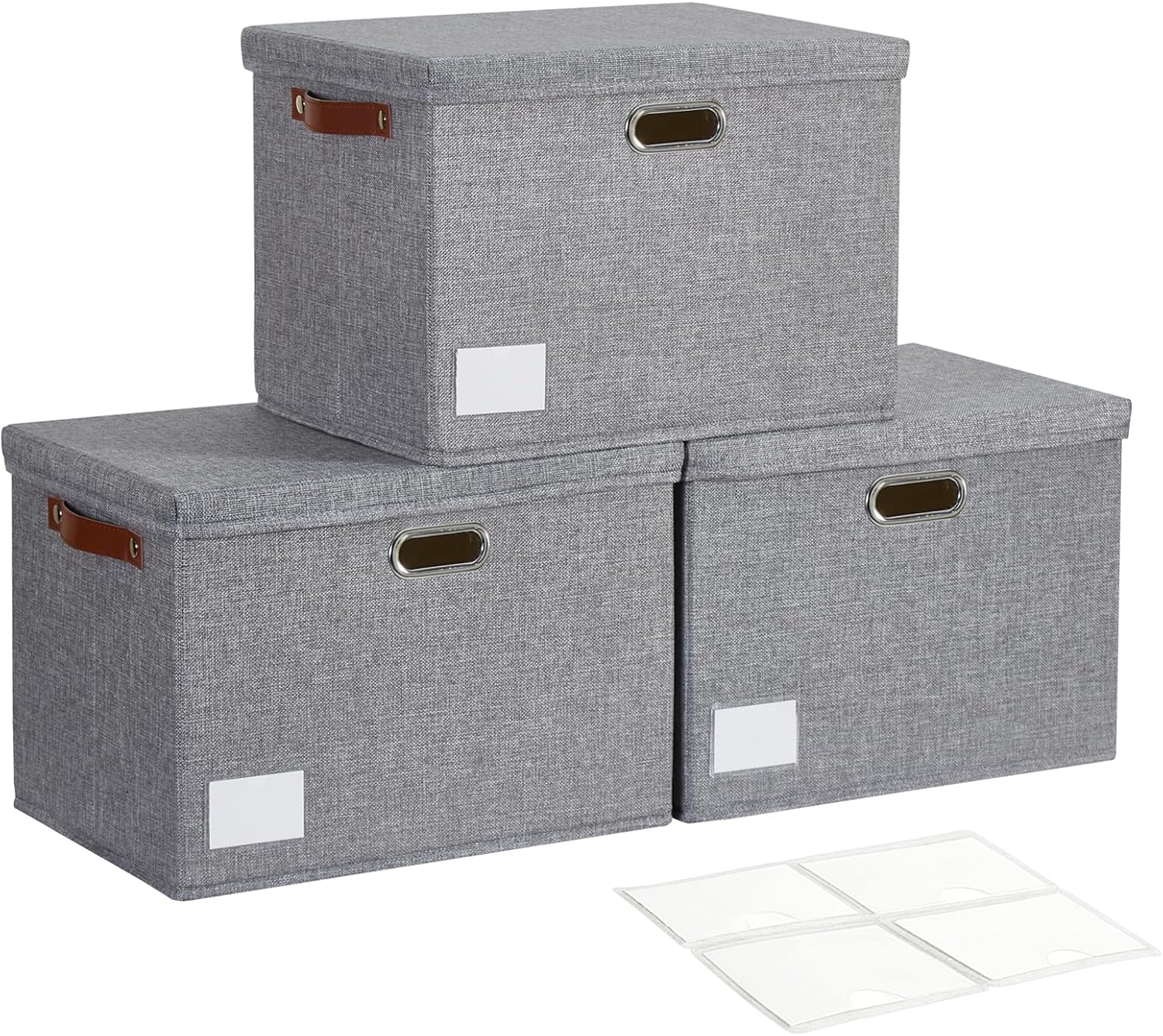 17" Large Collapsible Storage Bins with Lids, Stackable Closet Organizers with PU Handle and Labels, 3-Pack Decorative Fabric Storage Boxes for Home, Bedroom, Closet, Office, Nursery(Gray)