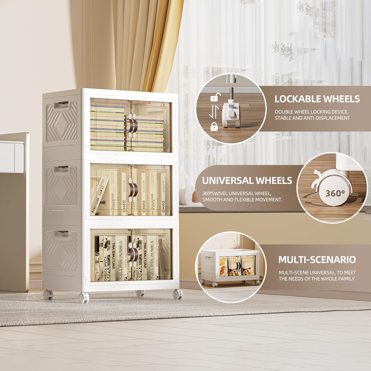 148 QT / 37 Gal Rolling Foldable Storage Cabinet with Stackable Feature - Double Magnetic Doors, Leather Handles, Durable Plastic for Closet/Office, Easy Assembly & Move