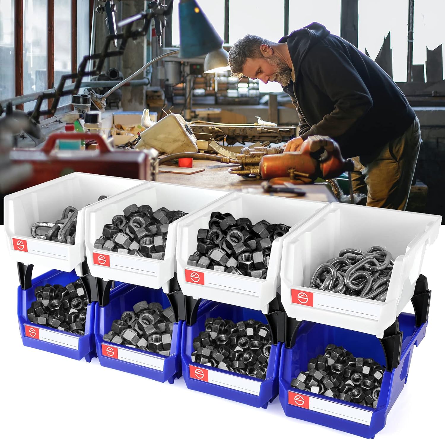 Pe&Hui Storage Organizer Bins,Wall Mount Storage Parts Rack,Stackable Shop Tool Bins for store Screws,Small Parts,Office Supplies and other Accessories (8Pack Blue&White) …