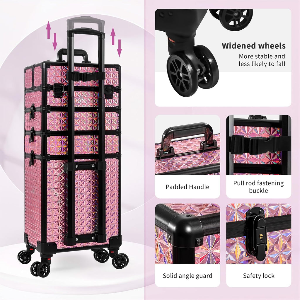 AROUS 5 in 1 Rolling Makeup Train Case Cosmetology Case on Wheels Large Cosmetic Organizer Travel Cart for Hairstylist Artist Nail Beauty Salon Barber,Pink