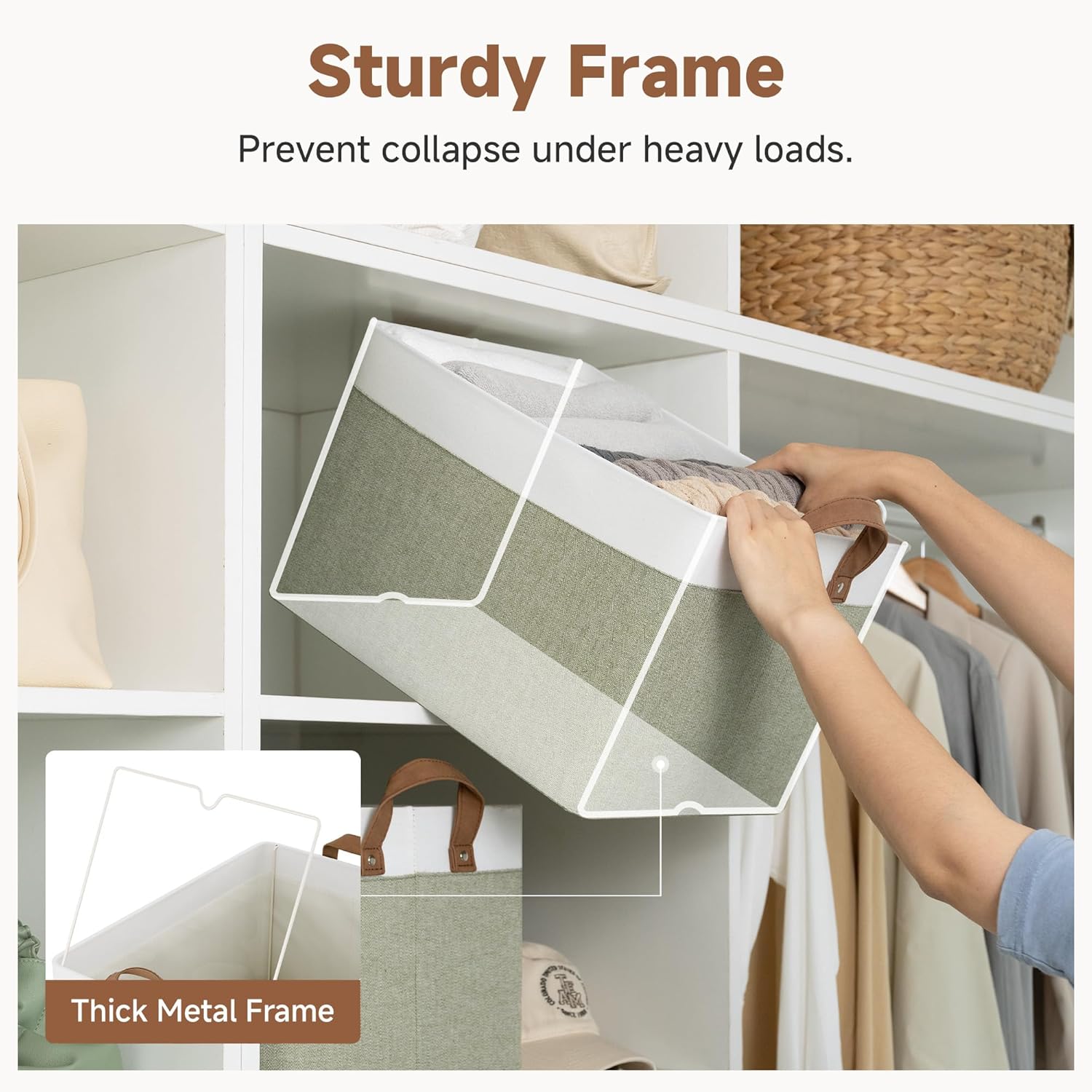 StorageWorks Storage Bins, Fabric Storage Bins for Shelves, Large Storage Baskets with Metal Frame, Closet Baskets and Bins with Handles, Green and White, 2-Pack