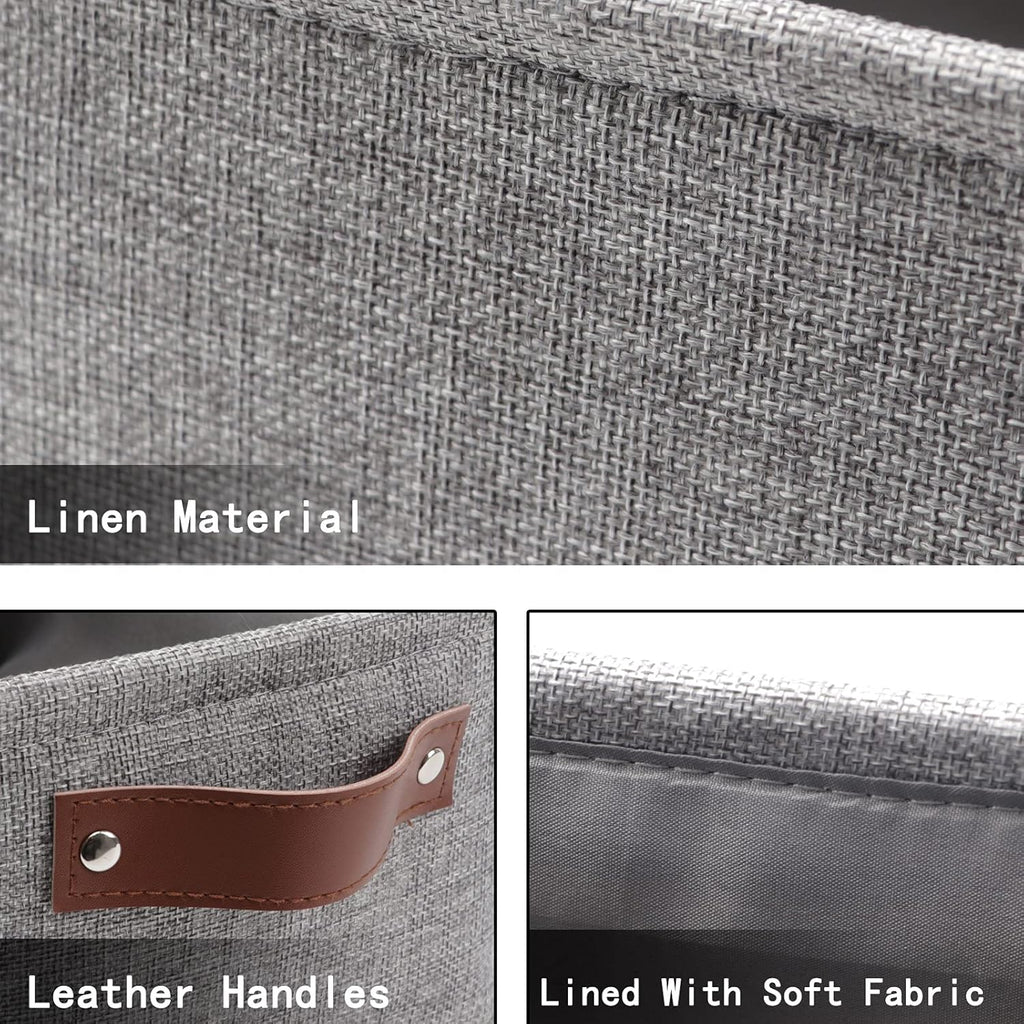 HNZIGE Foldable Fabric Storage Baskets (6pack), Empty Gift Baskets with Leather Handles, Decorative Organizers for Closet (Gray, 11.8" x 7.8" x 5.1")