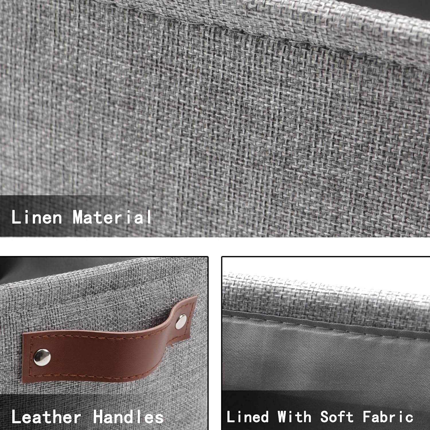 HNZIGE Foldable Fabric Storage Baskets (6pack), Empty Gift Baskets with Leather Handles, Decorative Organizers for Closet (Gray, 11.8" x 7.8" x 5.1")