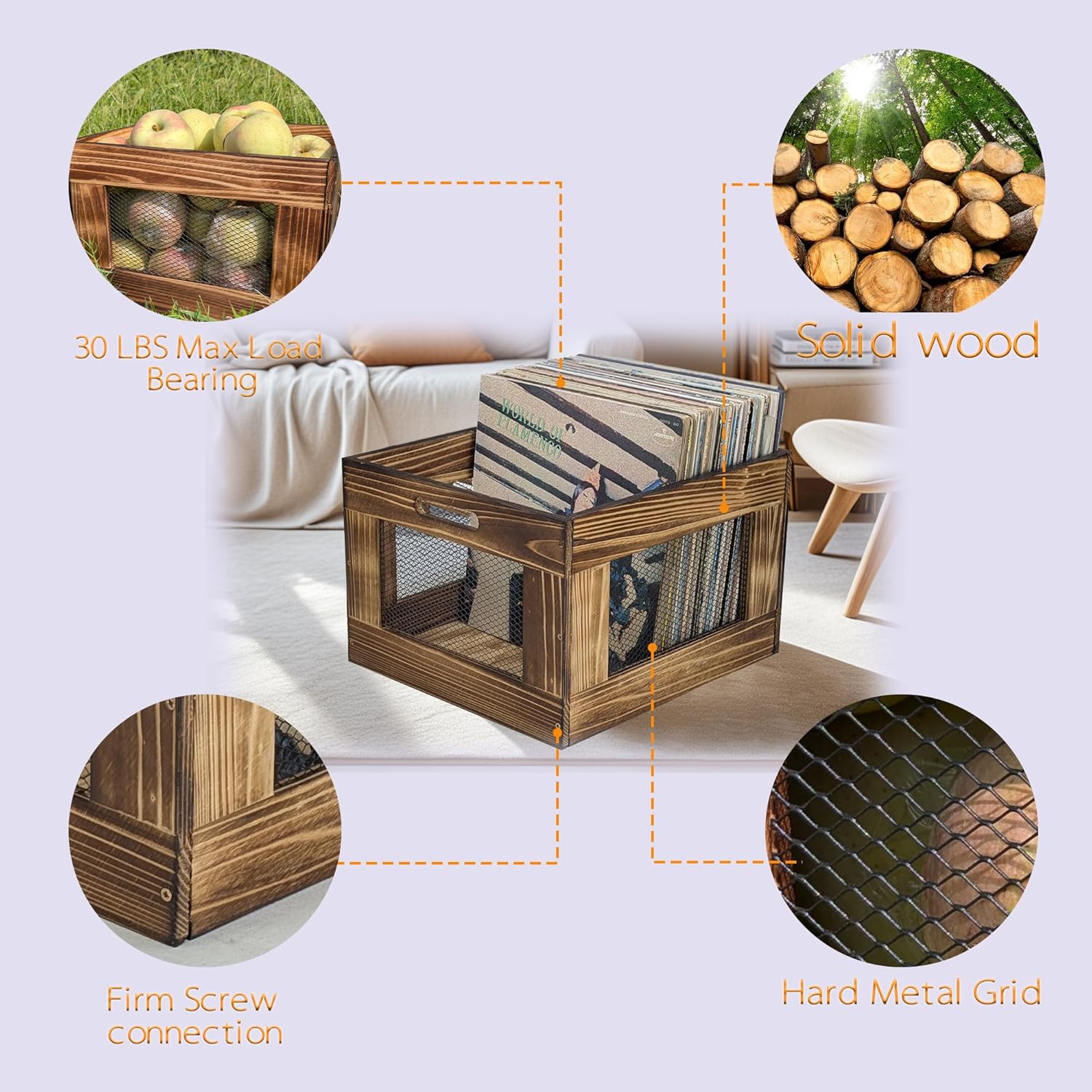 ARTAWEIN Vinyl Record Storage Crate, Wooden Record Holder for Albums - Holds up to 80-100 LPs, Rustic Vintage Style Organizer Box with Handles, Easy Assembly Display for Music Room & Office