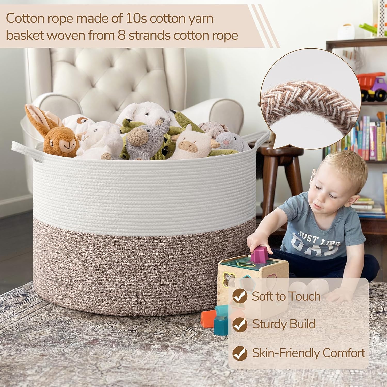 INDRESSME 115L Extra Large Blanket Basket, Soft Cotton Rope Storage Basket for Organizing, Home Decor, Toys, Laundry & Towels, Toy Storage Organizer for Living Room & Nursery, White & Brown