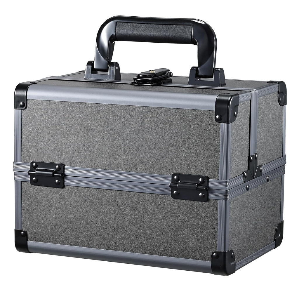Joligrace Makeup Train Case Makeup Case Organizer Portable Cosmetic Box Storage with 2 Trays Mirror Locking with Keys Make Up Travel Case Nail Kits Traveling Makeup Box Iron Grey