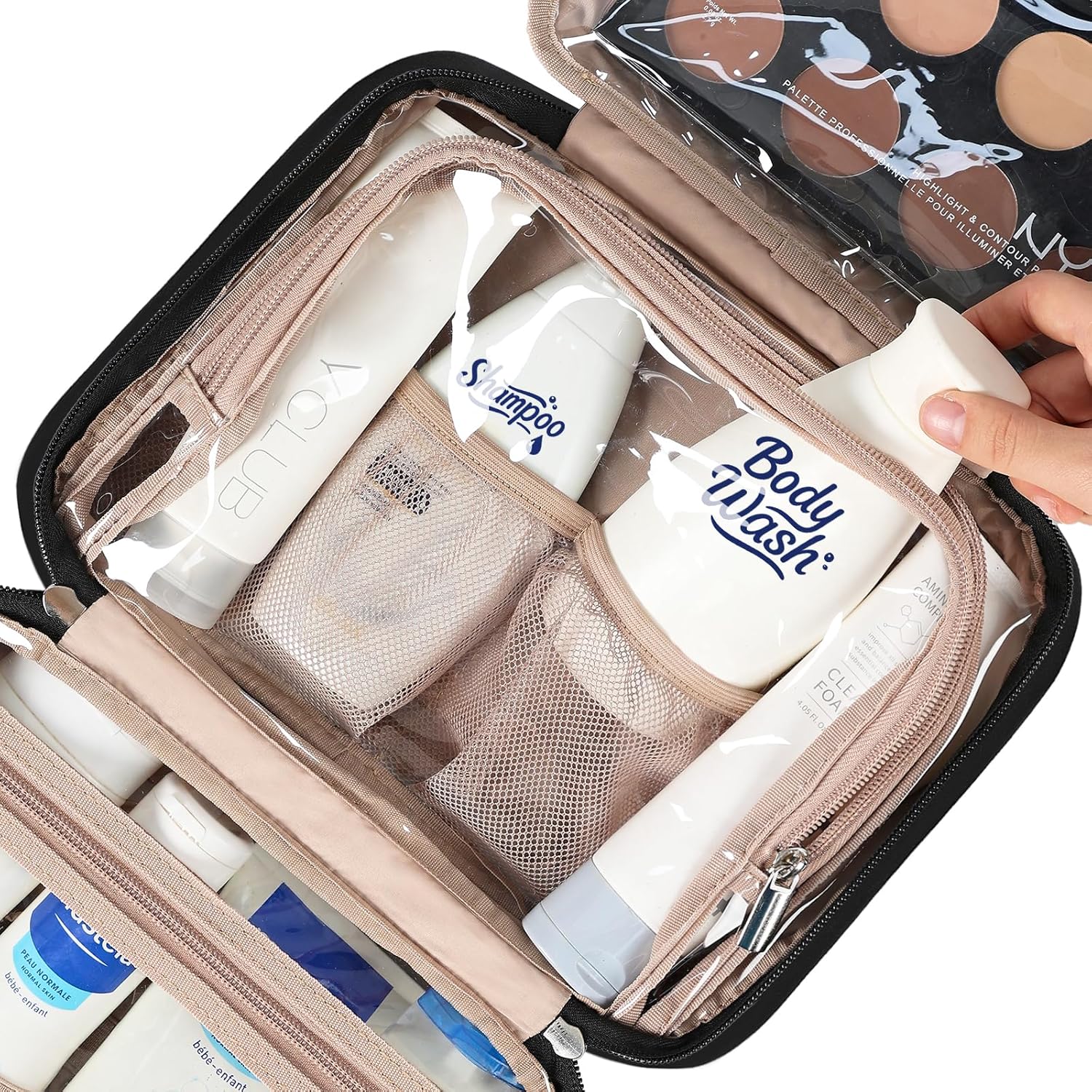 NISHEL Travel Toiletry Bag for Women, Makeup Essentials Organizer, Hanging Case for Accessories, Cosmetics, Medium Size, Black