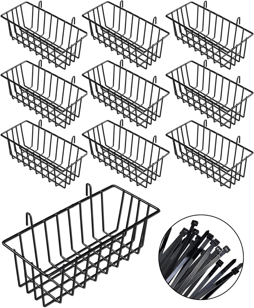 10 PCS Black Wire Baskets, No Drilling, Hanging Wire Basket for Wall Grid Panel Organizing, Grid Wall Accessory