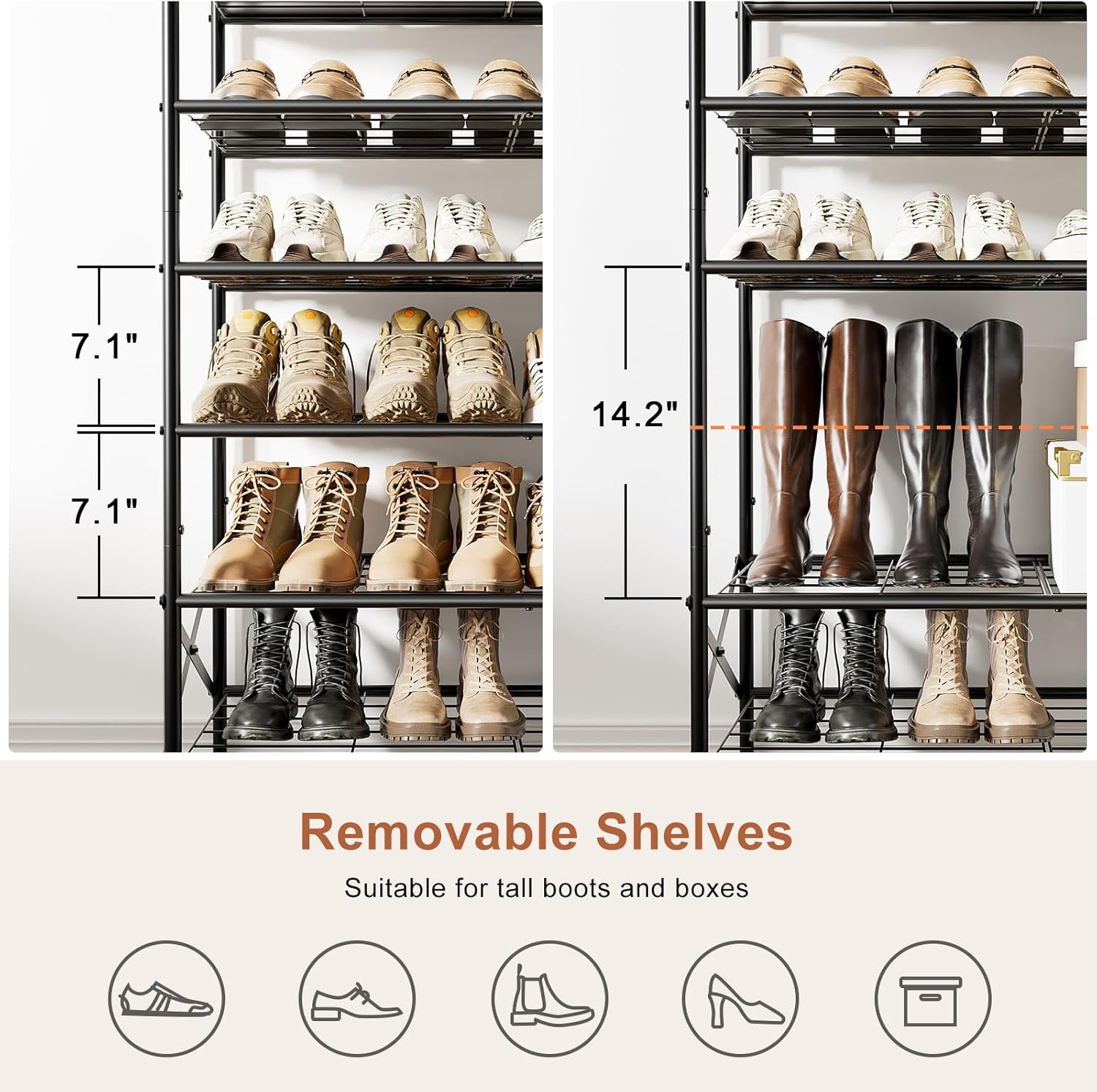10-Tier Tall Shoe Rack Organizer Shoe Storage for Entryway 30-40 Pairs Metal Shoe Rack for Closet Heavy-Duty Shoe Rack with Wooden Top Shelf for Garage Rustic Brown