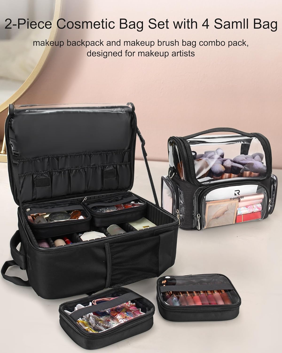 TANTO Makeup Backpack Extra Large Cosmetic Bags Professional Makeup Artist Bag Travel Train Case Storage Organizer Double-Layer Cosmetic Case with 4 Pouch and Brush Organizer