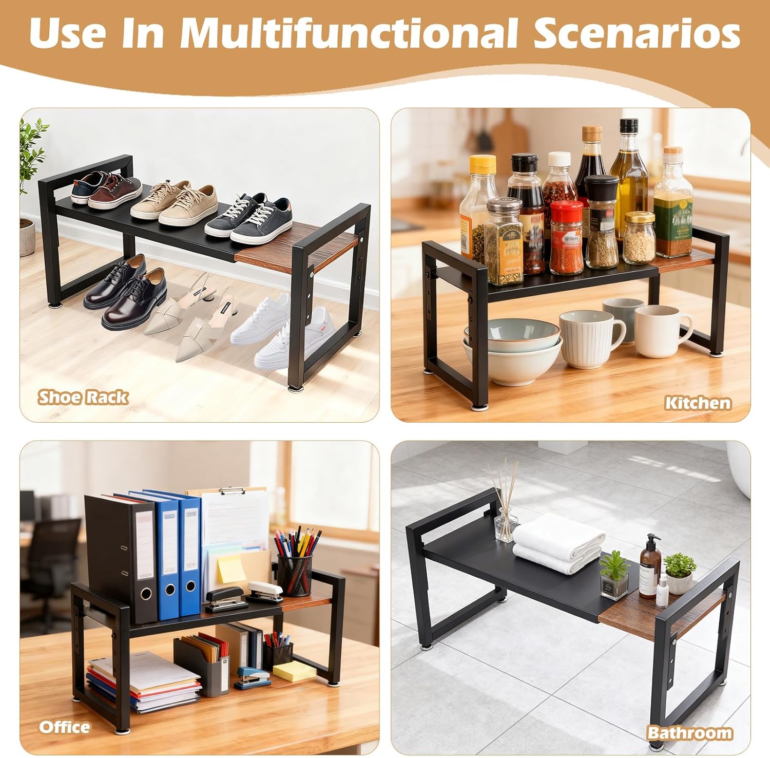 1 Pack Spice Racks, Expandable Adjustable Stackable Kitchen Organizer, Cabinet Shelf for Space-Saving, Counter Shelf for Cabinets, Countertop, Cupboard, Wood and Metal, Home kitchen Storage Rack