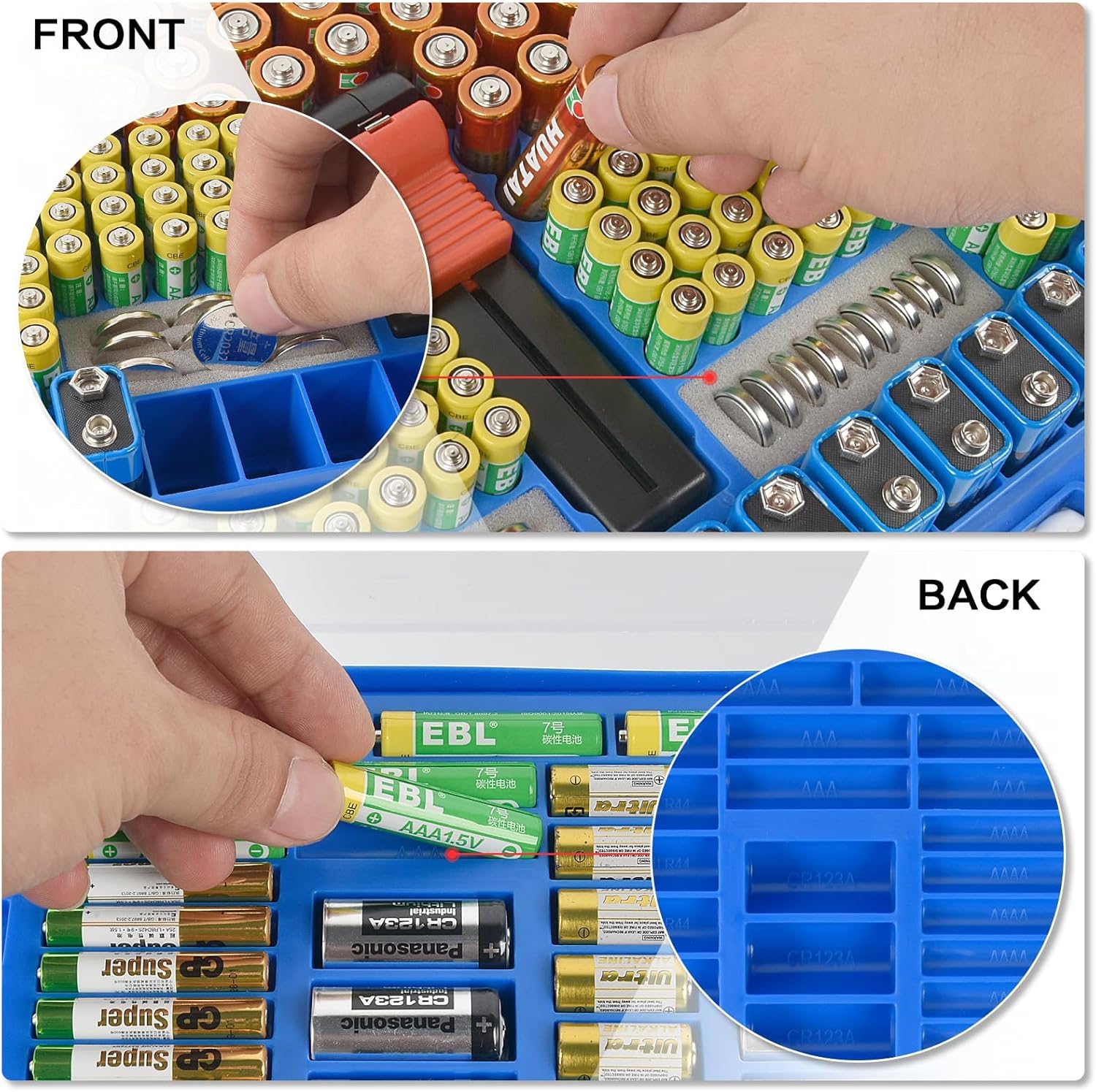Battery Organizer Storage Holder Case with Double-Sided, Garage Box with Tester Checker. Batteries Container for 269pcs AA AAA AAAA 3A 4A 9V C D Lithium 4LR44 CR2 CR123A CR1632 CR2032 18650 - Blue
