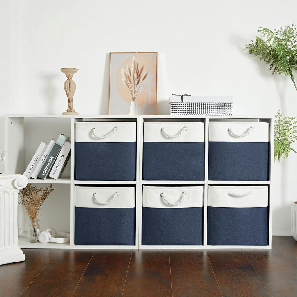 Fabric Storage Cubes, 11 inch cube storage bin with Handles, 11x11cube storage organizer bins, Collapsible Storage Bins for Shelves and Home, Cubby Storage Bins (white-navy, 10.5x10.5x11in)