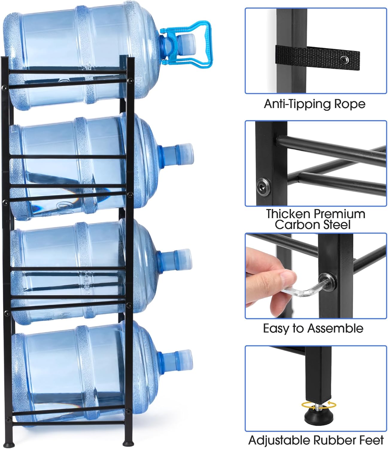 Klvied 5 Gallon Water Jug Holder,4-Tier Heavy Duty Water Jug Rack for Water Bottle Organizer, Detachable Water Bottle Storage Rack, 5 Gallon Water Cooler Jug Rack for Kitchen, Office, Living Room