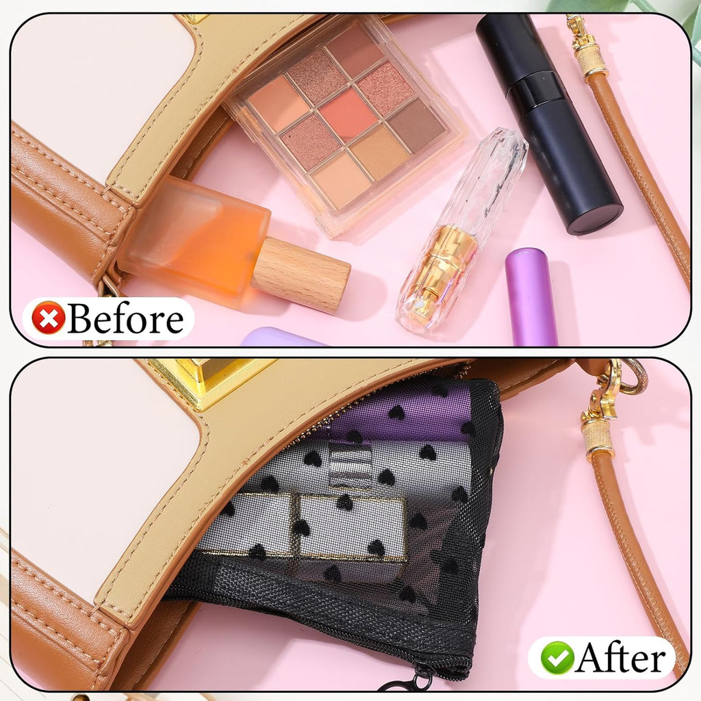 4 PCS Heart Printed Mesh Makeup Bag Set, White & Black Mesh Makeup Bag with Zipper Lipstick Accessories Organizer Mini Travel Organizer Bags for Women(2 Small 2 Square Handle)