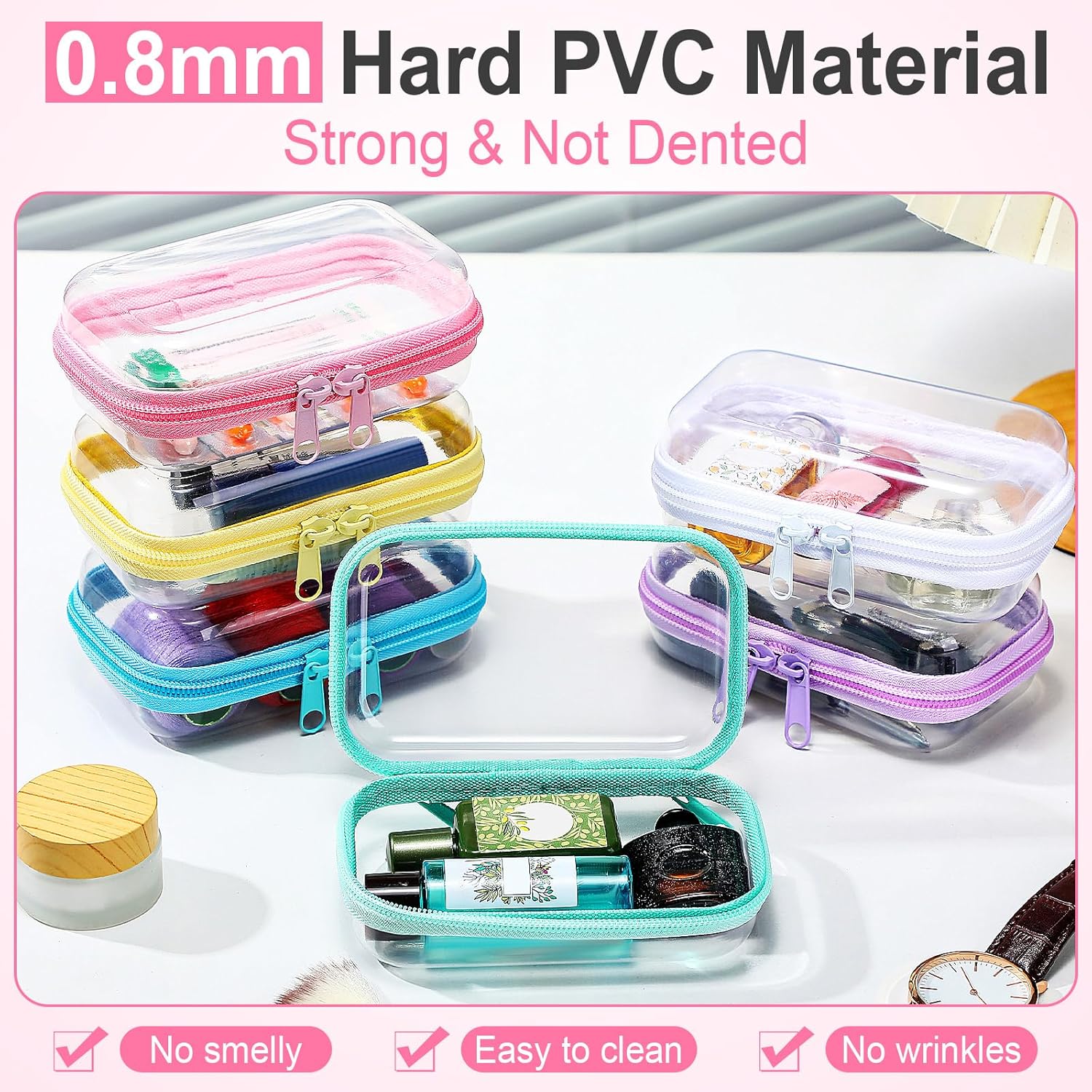 Sanwuta 6 Pcs Clear Hard Zipper Case Hard Plastic Zipper Pouches Transparent Makeup Bag Pencil Pouches for Travel Snacks Christmas Trinket Storage Organizer Box(Colorful,5 x 3 x 2 Inch)