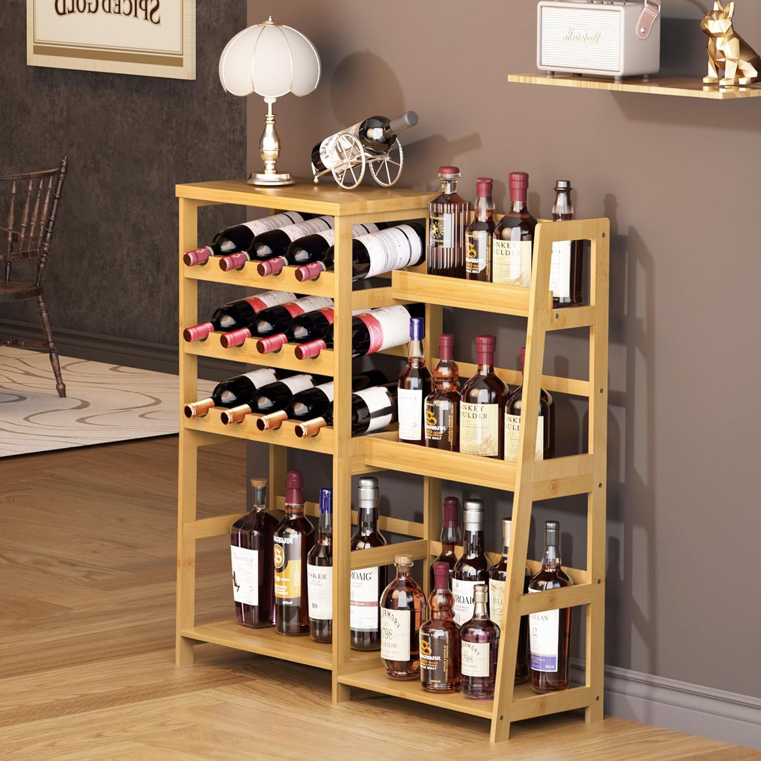 VASMIA Versatile Liquor Stand for Home Bar, Wine Rack Freestanding Floor, Mini Bar Table with Bamboo Trapezoidal Liquor Bottle Display Shelf Cabinet for Living Room, Natural