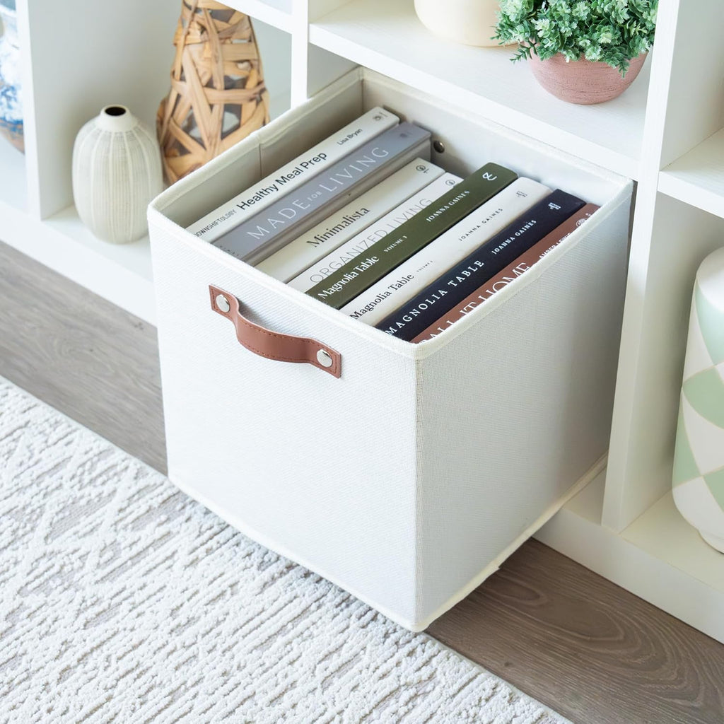 OrganiHaus 11" x 11" x 11" Fabric Cubes Storage Bins Set of 4, Foldable Collapsible Fabric Storage Bins for Organizer, Toy Organizer for Kallax, 11 Inch Linen Cube Shelf Baskets - White