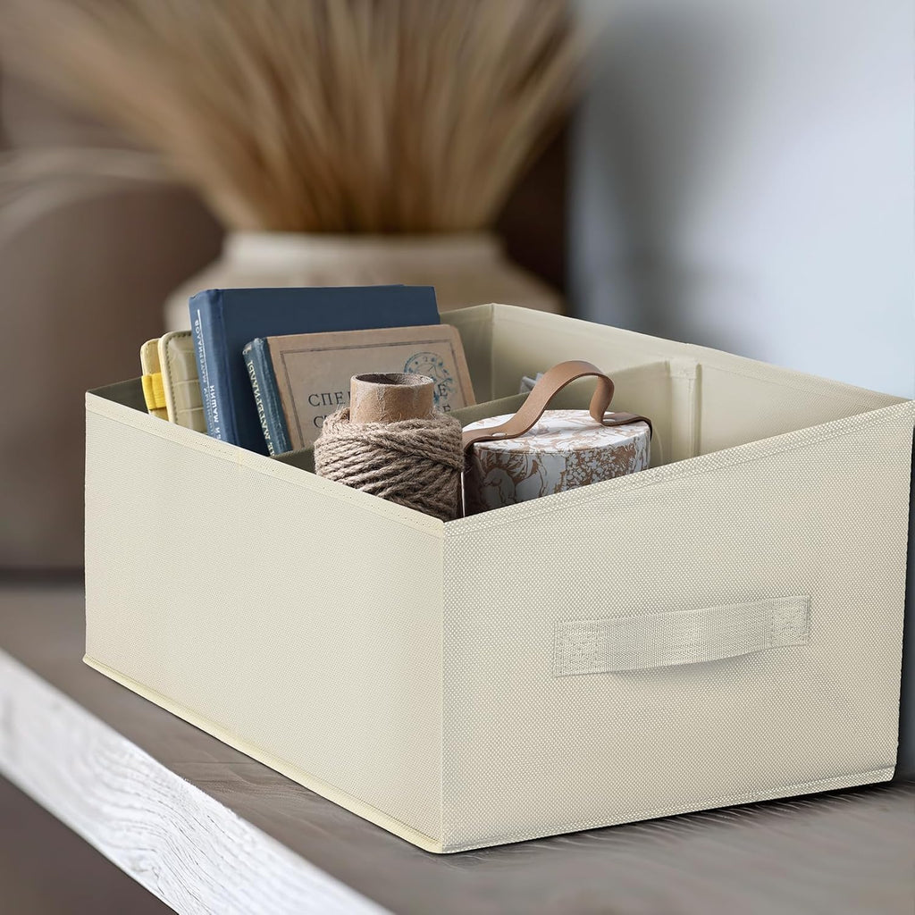 DIMJ Closet Storage Bins, 5 Pack Storage Baskets for Shelves, Foldable Closet Organizer with Handle, Linen Closet Organizers and Storage for Clothes, Toys, Towel, Books (Beige)