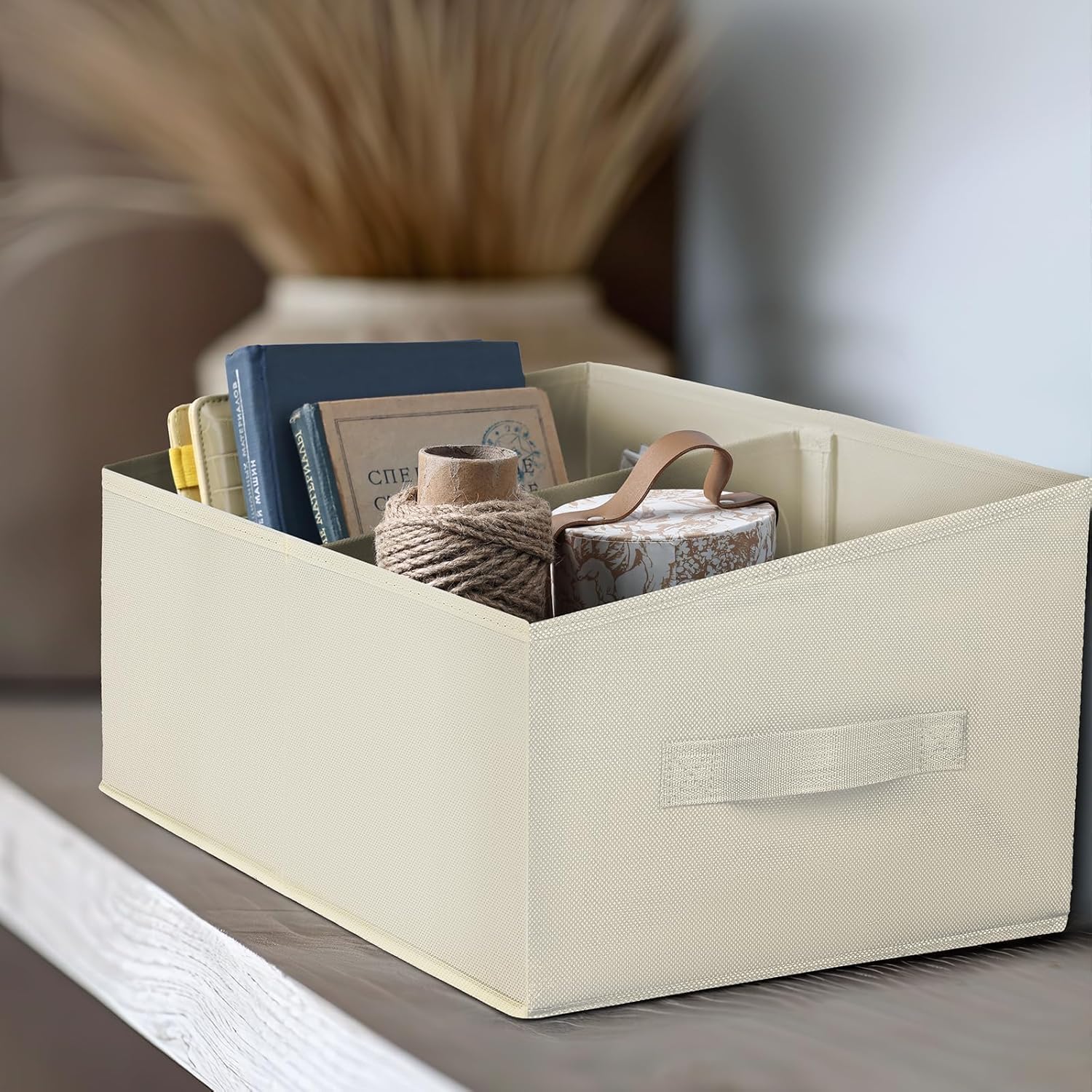 DIMJ Closet Storage Bins, 5 Pack Storage Baskets for Shelves, Foldable Closet Organizer with Handle, Linen Closet Organizers and Storage for Clothes, Toys, Towel, Books (Beige)