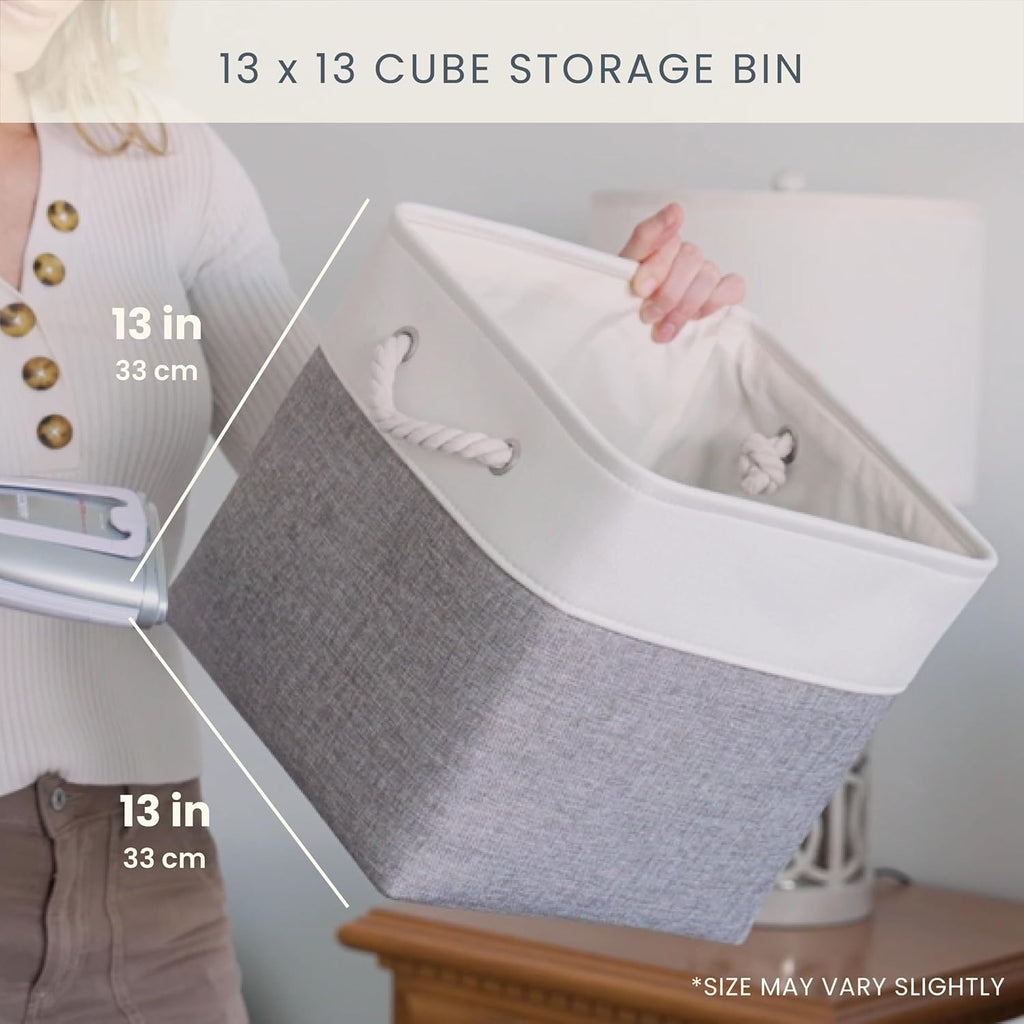 OrganiHaus 13x13 Cube Storage Bins 3 Pack, Foldable Cube Storage Organizer w/ Rope Handles, Collapsible Fabric Bins for Toys, Clothes & Closet Organization, Fabric Square Baskets - Gray/Black