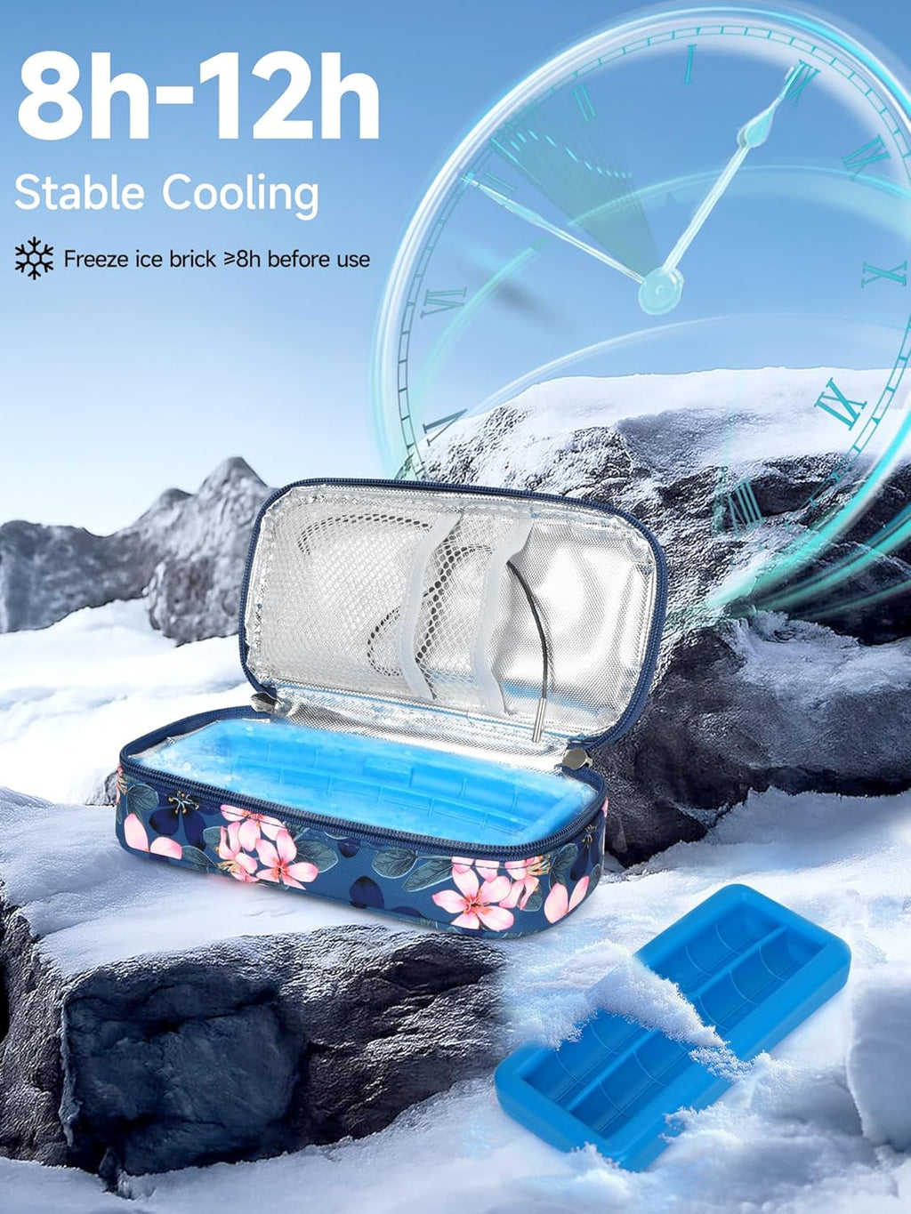 Insulin Cooler Travel Case with °F Display - TSA Approved Refrigerated Medicine Travel Bag with Protective Ice Brick, Long-Lasting Cooling for Vials and Pens (Magnolia)
