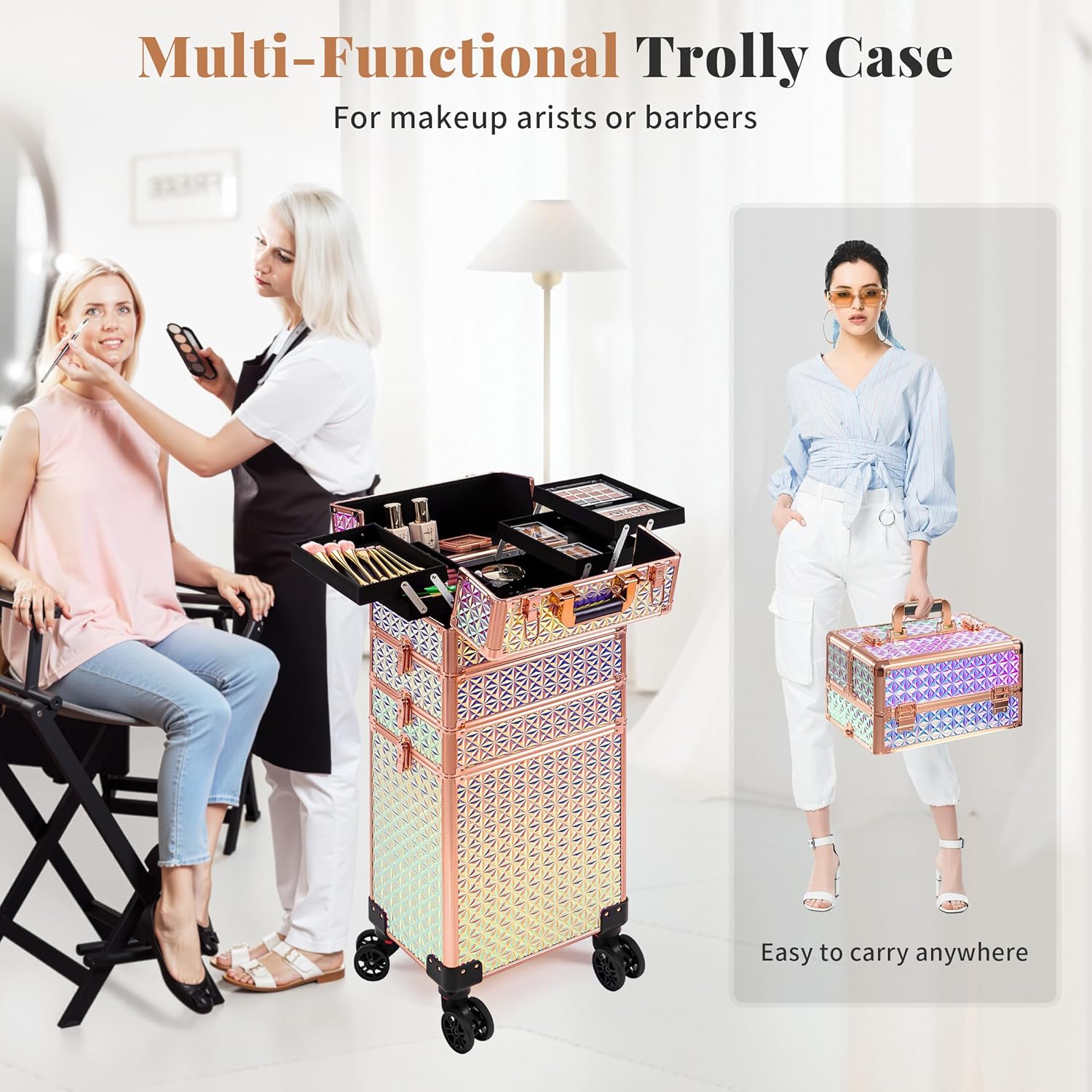 AROUS 5 in 1 Rolling Makeup Train Case Cosmetology Case on Wheels Large Cosmetic Organizer Travel Cart for Hairstylist Artist Nail Beauty Salon Barber,Colorful