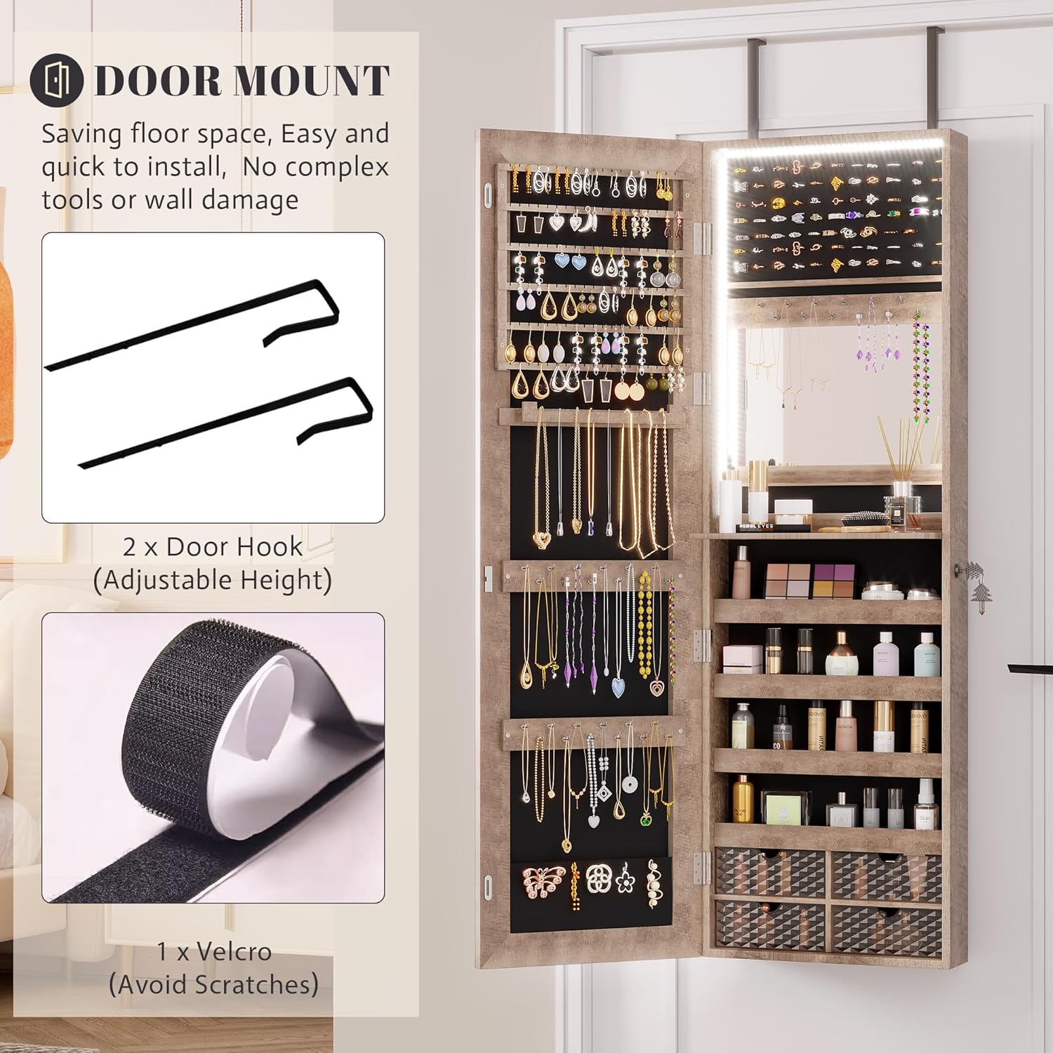 Vlsrka 47.2 Inch Full Length Mirror with Storage, Wall Mount Mirror Jewelry Cabinet, Over The Door Hanging Jewelry Armoire Organizer, Built-in Light, 4 Drawers, 5 Shelves, Lockable (Wood)