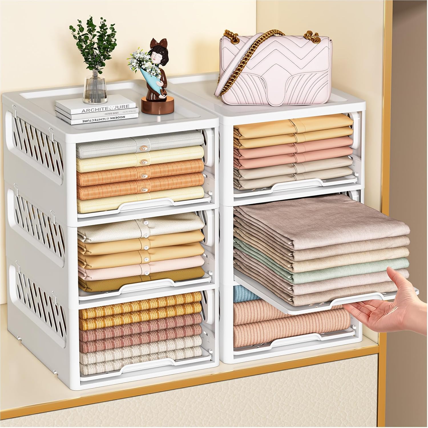 3 Pack Stackable Closet Storage Basket - Stackable Storage Bins, Multifunctional & Foldable Closet Organizer Divided, Wardrobe Cupboard Space-Saving Clothes Storage Hat Organizer, White