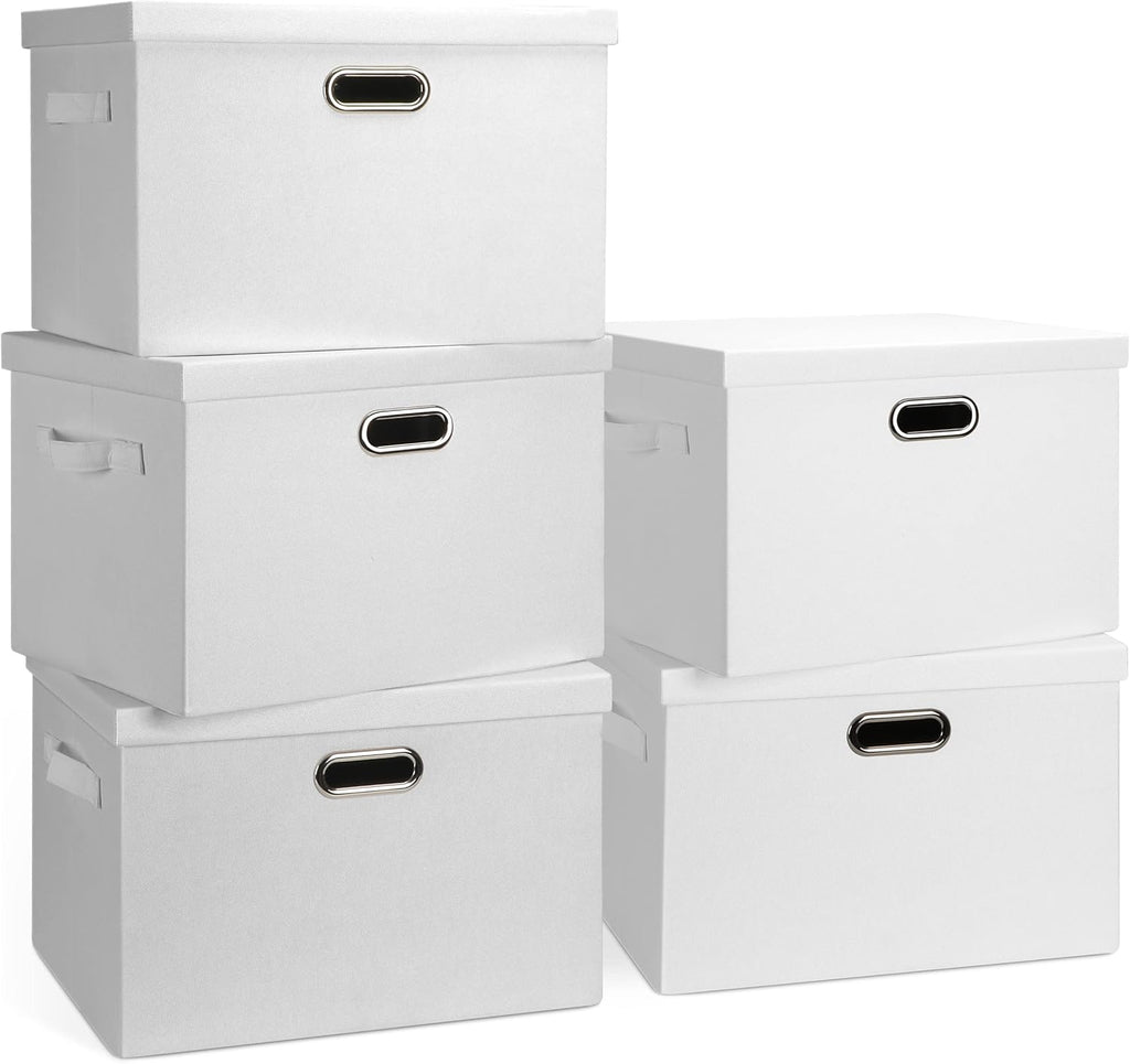 Large 17" 36 Quart Collapsible Stackable Storage Bins with Lids, 5 Packs White Linen Fabric Closet Boxes with Lids, Storage Cube Baskets Container Organizers for Bedroom Office(17 x12 x11)