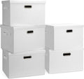 Large 17" 36 Quart Collapsible Stackable Storage Bins with Lids, 5 Packs White Linen Fabric Closet Boxes with Lids, Storage Cube Baskets Container Organizers for Bedroom Office(17 x12 x11)