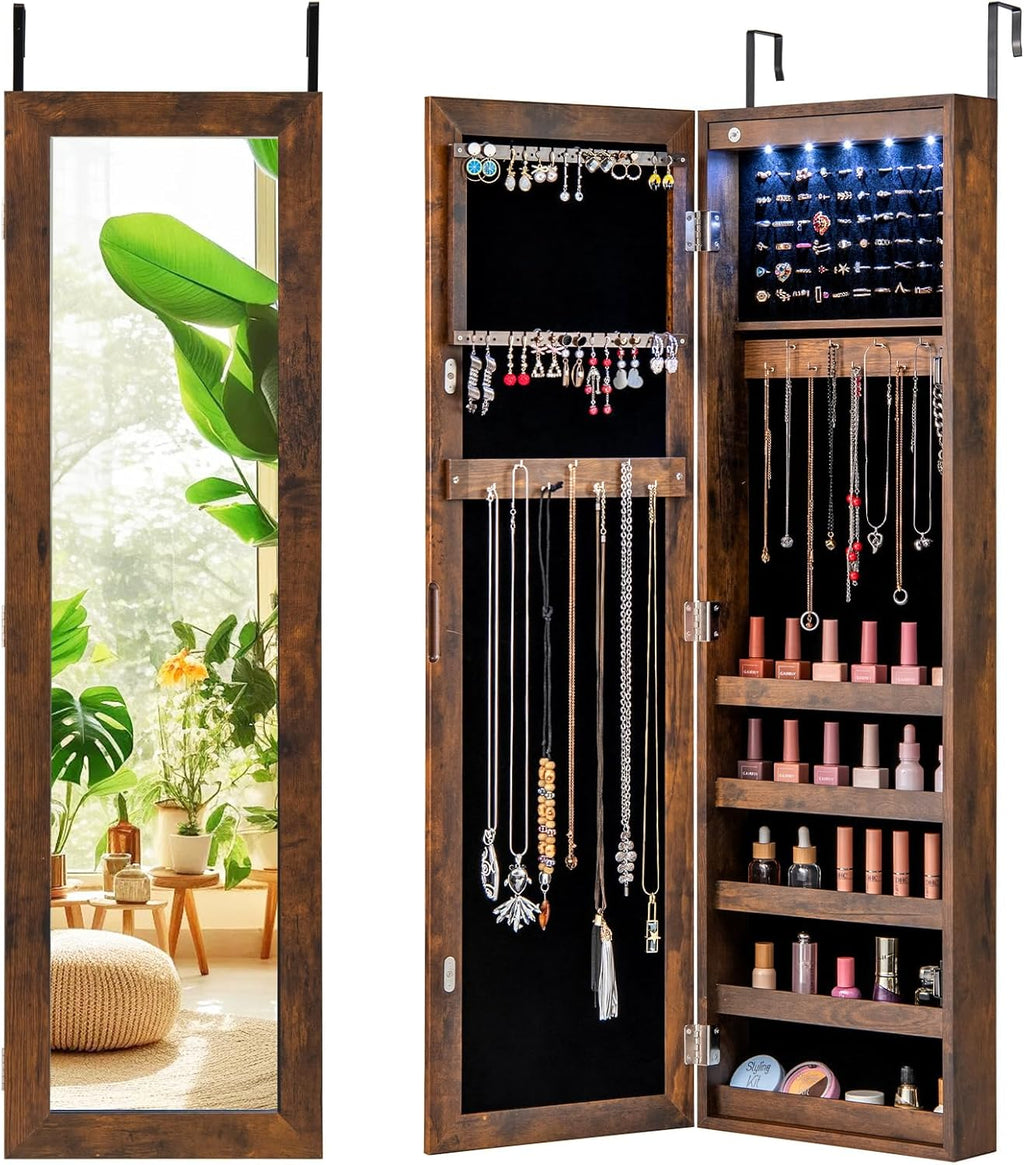 Giantex Wall or Door Mounted Jewelry Cabinet with Full Length Mirror, Over The Door Jewelry Armoire Organizer with Lights, Large Storage with Necklace Hooks, Earring Slots & Shelves (Rustic Brown)