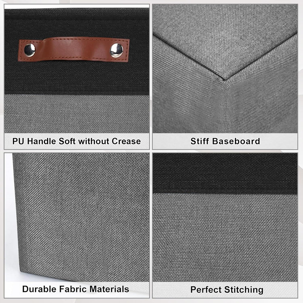Large Fabric Storage Baskets | 50L Storage Bins, Decorative Linen Closet Baskets with Handles for Organizing, Shelf, Toys, Clothes, Home, Office, Nursery, 17x12x15Inches (Gray&Black)