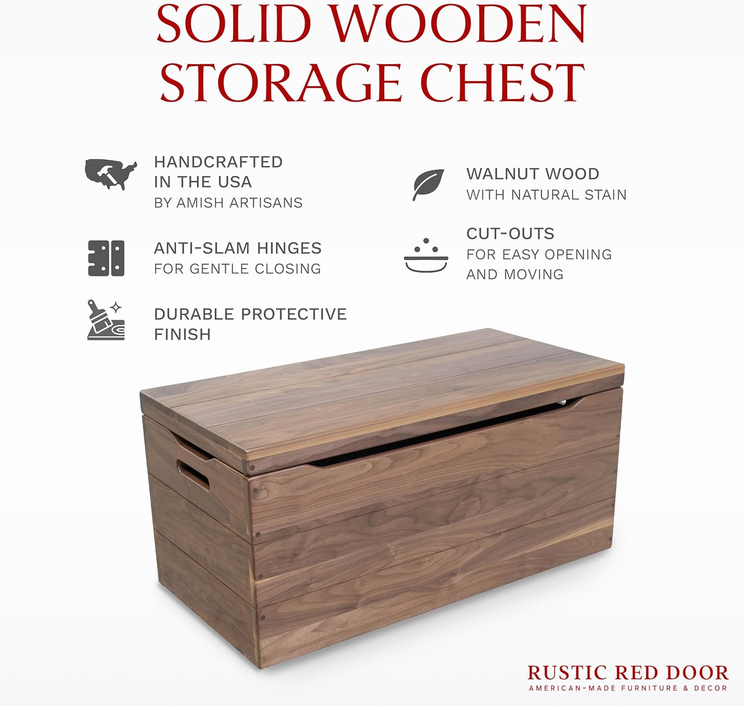 Amish Made Wooden Storage Chest Trunk Box with Lid and Handles for Bedroolanket, Clothes, Anti-Slam Hinges, Handmade, Rustic, Walnut Wood, Natural Stain, 30"