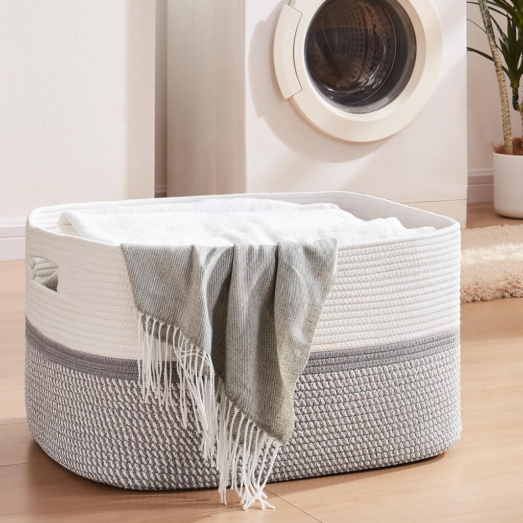 OIAHOMY Large Blanket Basket, 22”x17”x12” Rectangle Woven Baskets, Nursery Blanket Storage Living Room, Toy Storage With Handle, Large Baskets for Organizing-Grey/White