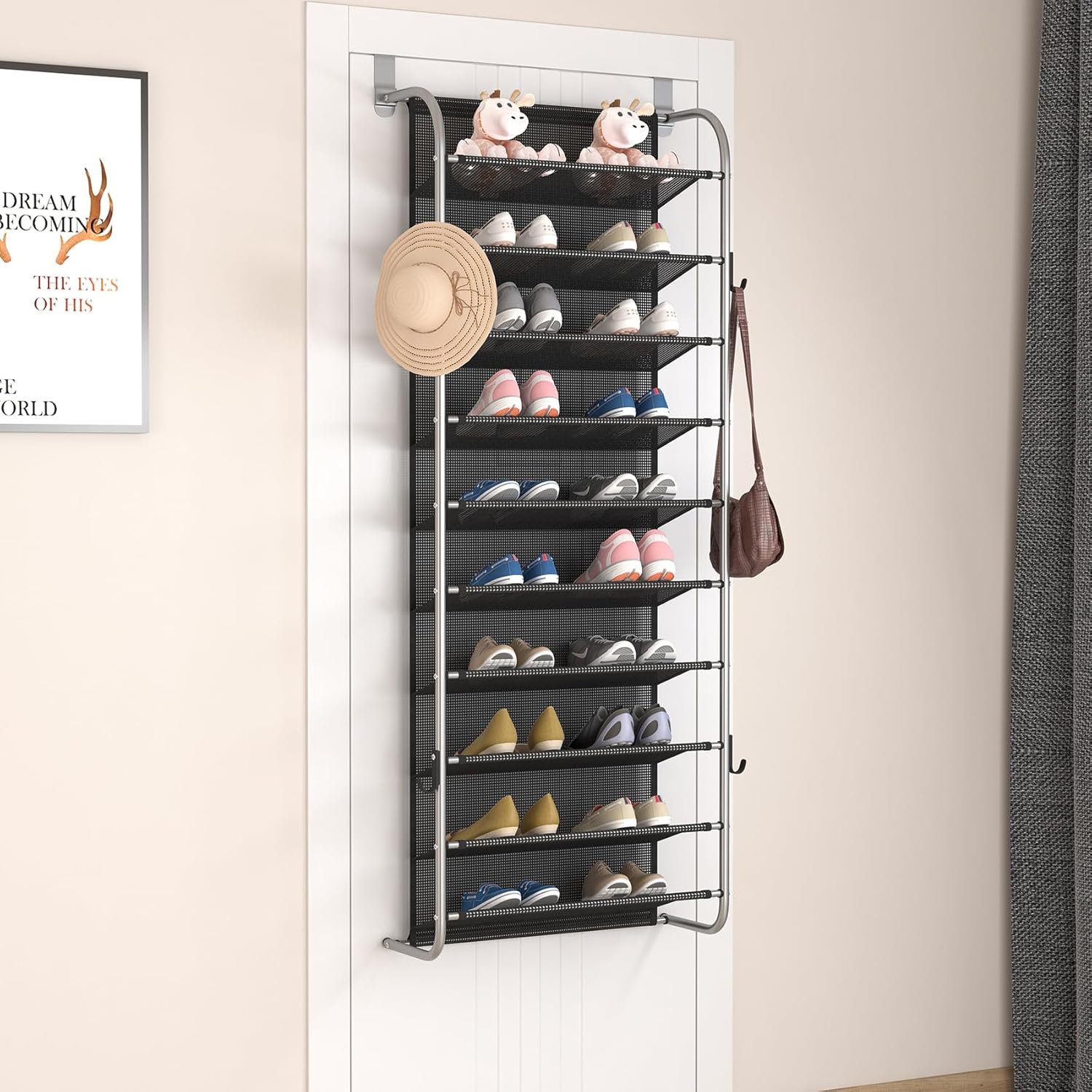 10 Tier Shoe rack Hanging Shoe Storage the door shoe rack for Closet Pantry Over The Door Shoe Organizer Wall Floating Shelves (Gray, 10 Tier)