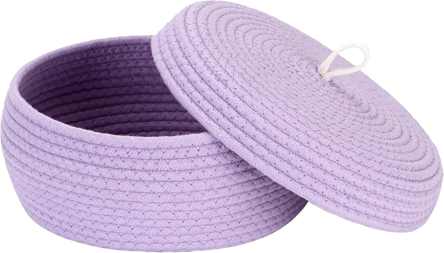 Sea Team Round Cotton Rope Storage Basket with Lid, Decorative Woven Storage Bin, Pot, Caddy, Organizer, Container for Snacks, Towels, Plants, 13 x 5.5 Inches (Large, Shallow, Lavender)