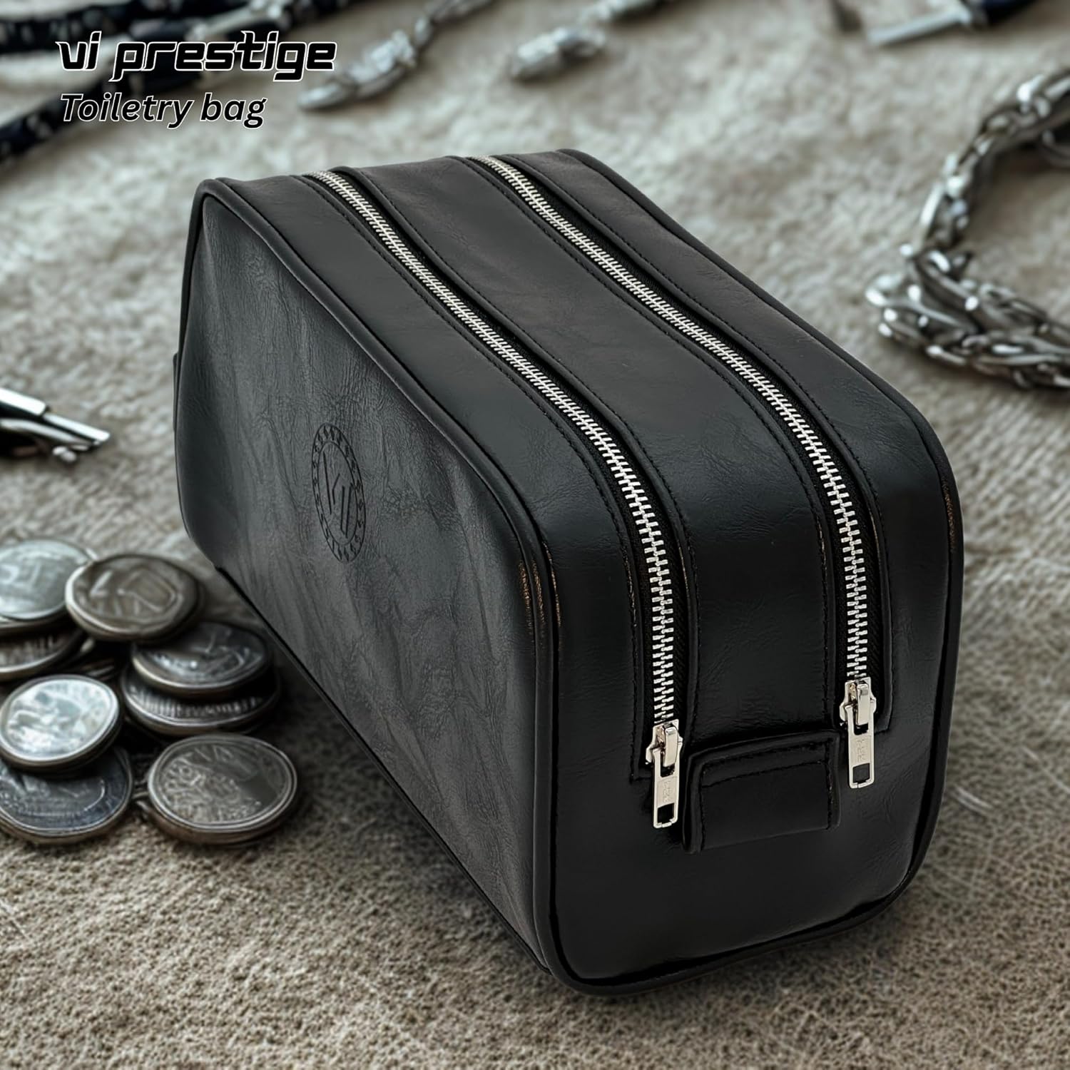 Dopp Gift Large Travel Toiletry Bag Premium Quality PU Leather Two compartments YKK Zippers Water-resistant Bottom Studs Mesh Pockets Durable Cosmetic Organizer BLACK