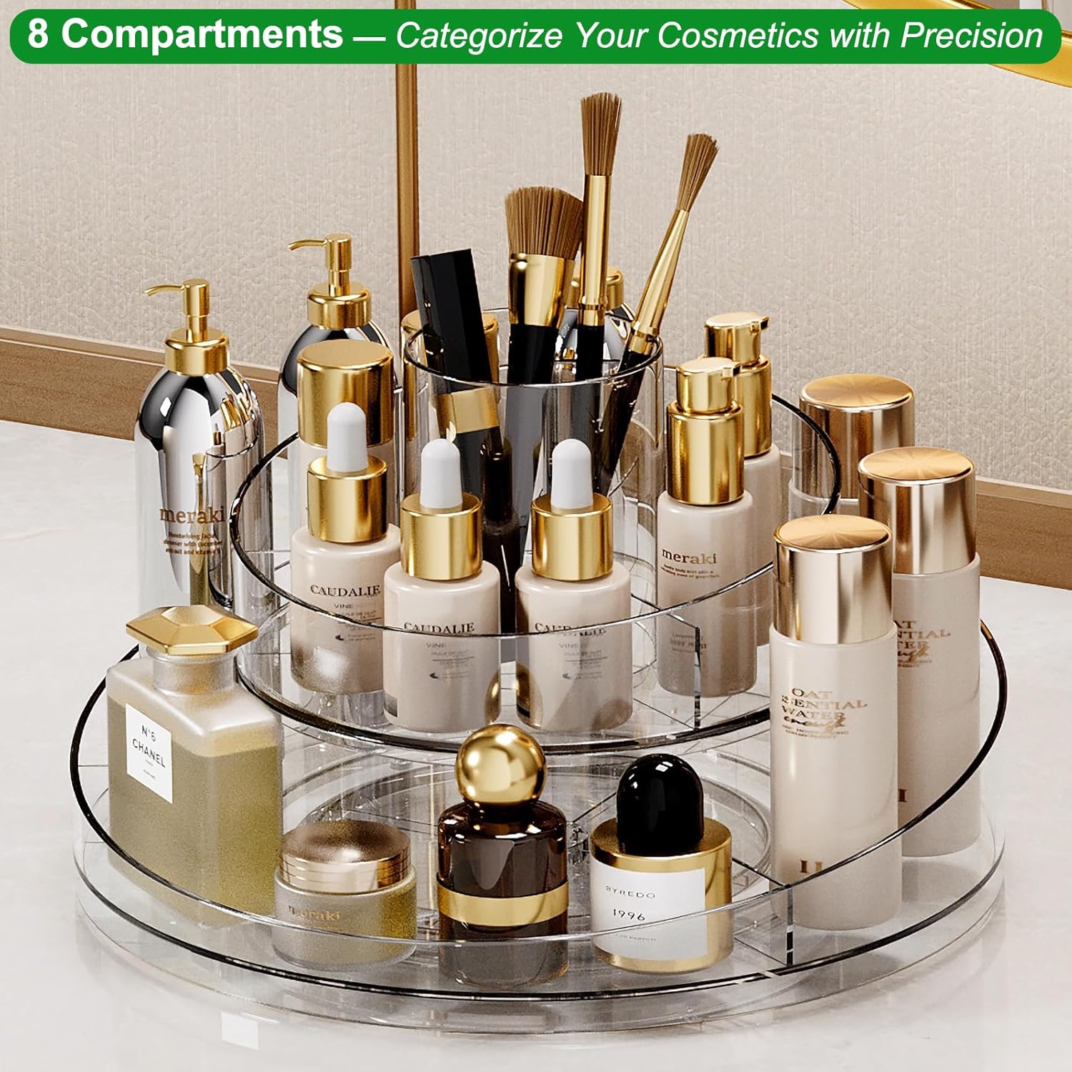 Taiuloo 360 Rotating Makeup Organizer, Clear Acrylic Lazy Susan Cosmetic Storage Turntable for Skincare, Perfume & Lipstick, Round Spinning Tray with Brush Holder for Vanity, Bathroom