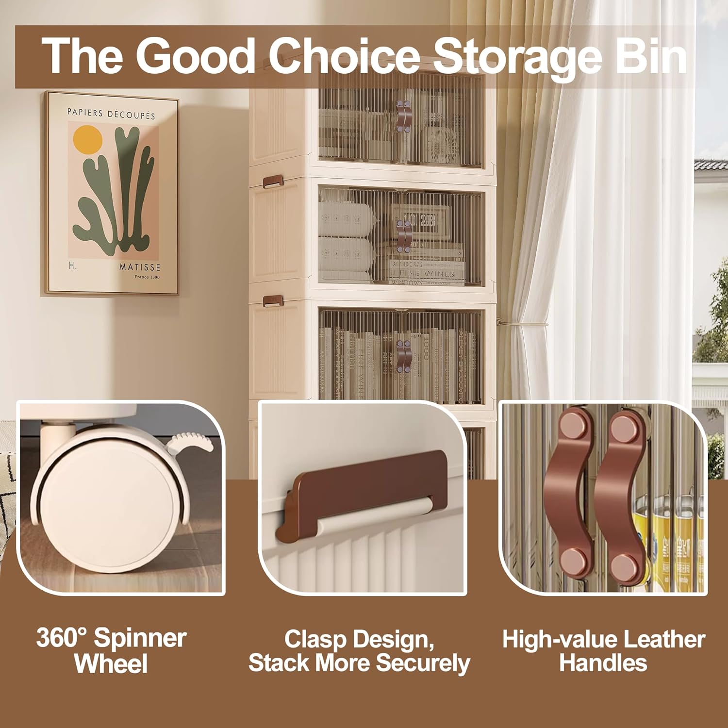 SAILUN 145Gal/580Qt Stackable Storage Bins Folding Collapsible Storage Bins with Lid, Closet Organizers and Storage Box with Door Beige 26" W x 17" D x 71" H