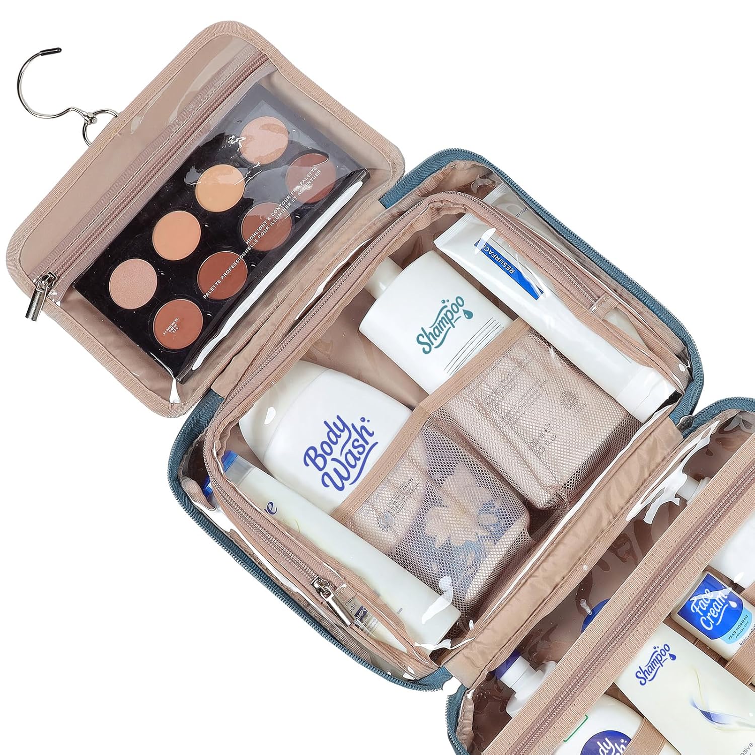 NISHEL Travel Toiletry Bag for Women, Makeup Essentials Organizer, Hanging Case for Accessories, Cosmetics, Large Size, Lake-Blue