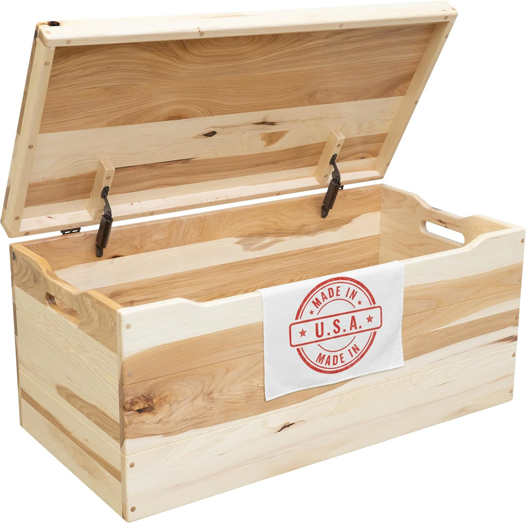 Amish Made Wooden Storage Chest Trunk Box with Lid and Handles for Bedroolanket, Clothes, Anti-Slam Hinges, Handmade, Rustic Hickory Wood, Natural Stain, 36"