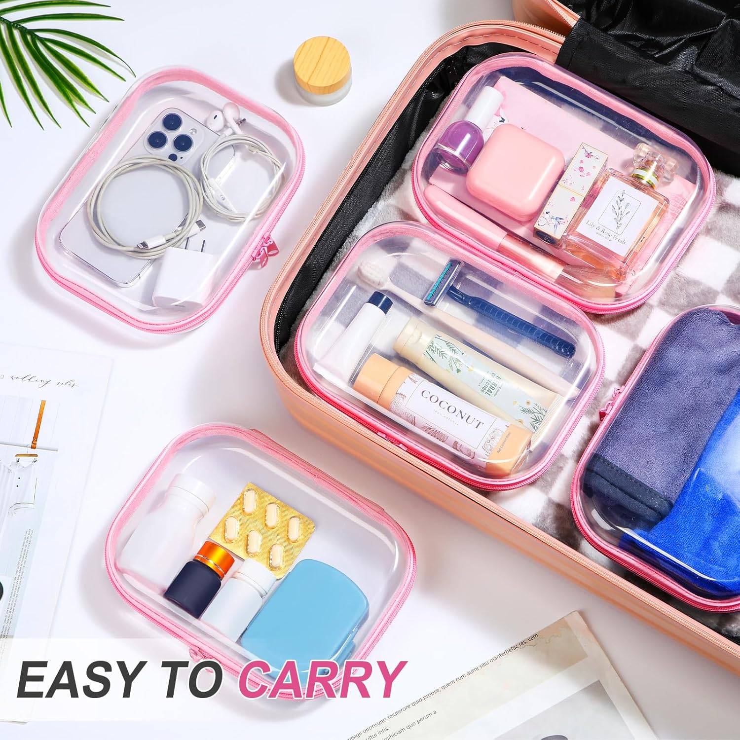 Sanwuta 6 Pcs Clear Hard Zipper Case Hard Plastic Zipper Pouches Transparent Makeup Bag Pencil Pouches for Travel Snacks Christmas Trinket Storage Organizer Box(Pink,7.87 x 5.9 x 2 Inch)