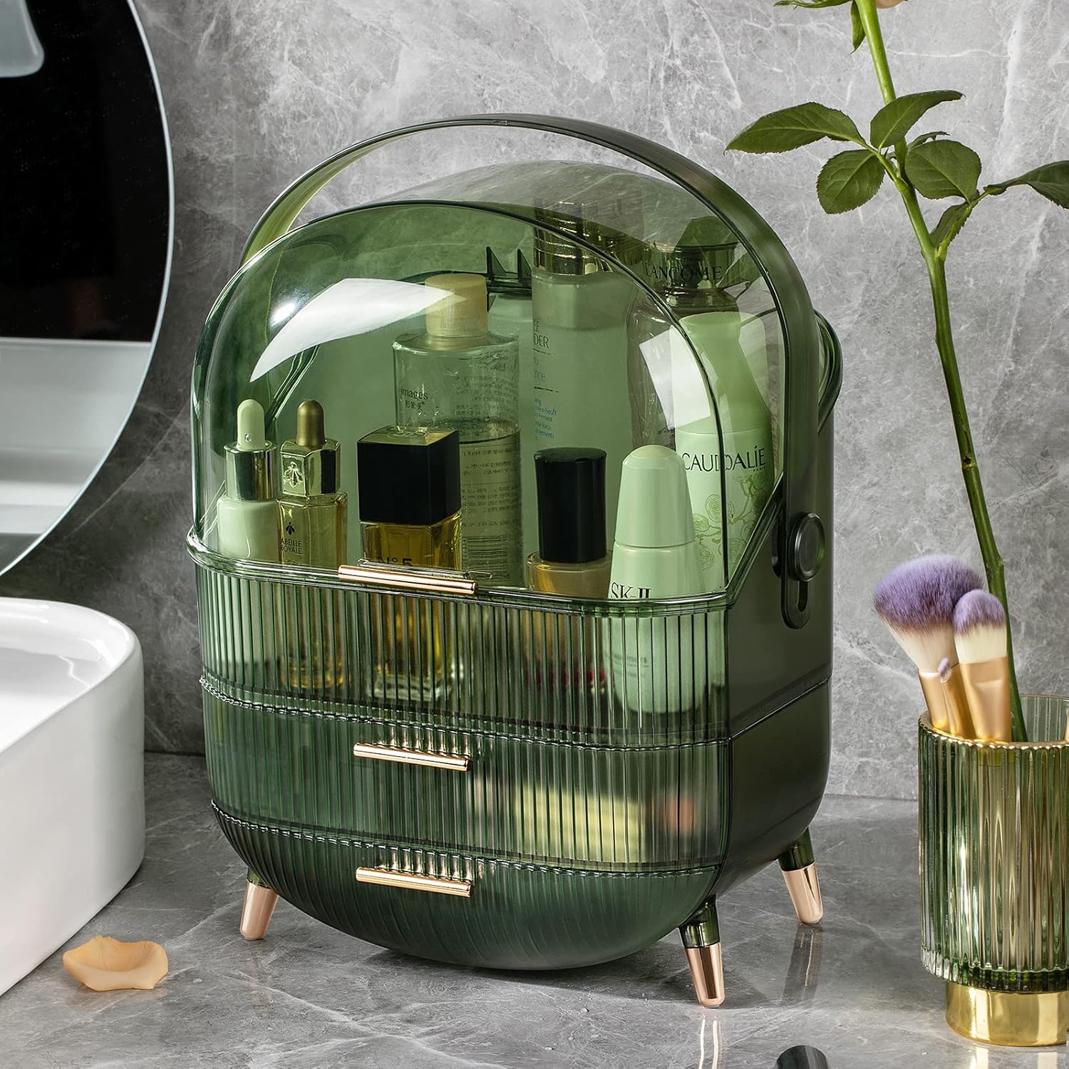 CANITORON Makeup Organizer,Large Capacity Skincare Organizer for Vanity,Cosmetic Organizer with 2 Drawers and Transparent Cover for Bedroom Countertop and Bathroom Countertop Storage.(LGreen)