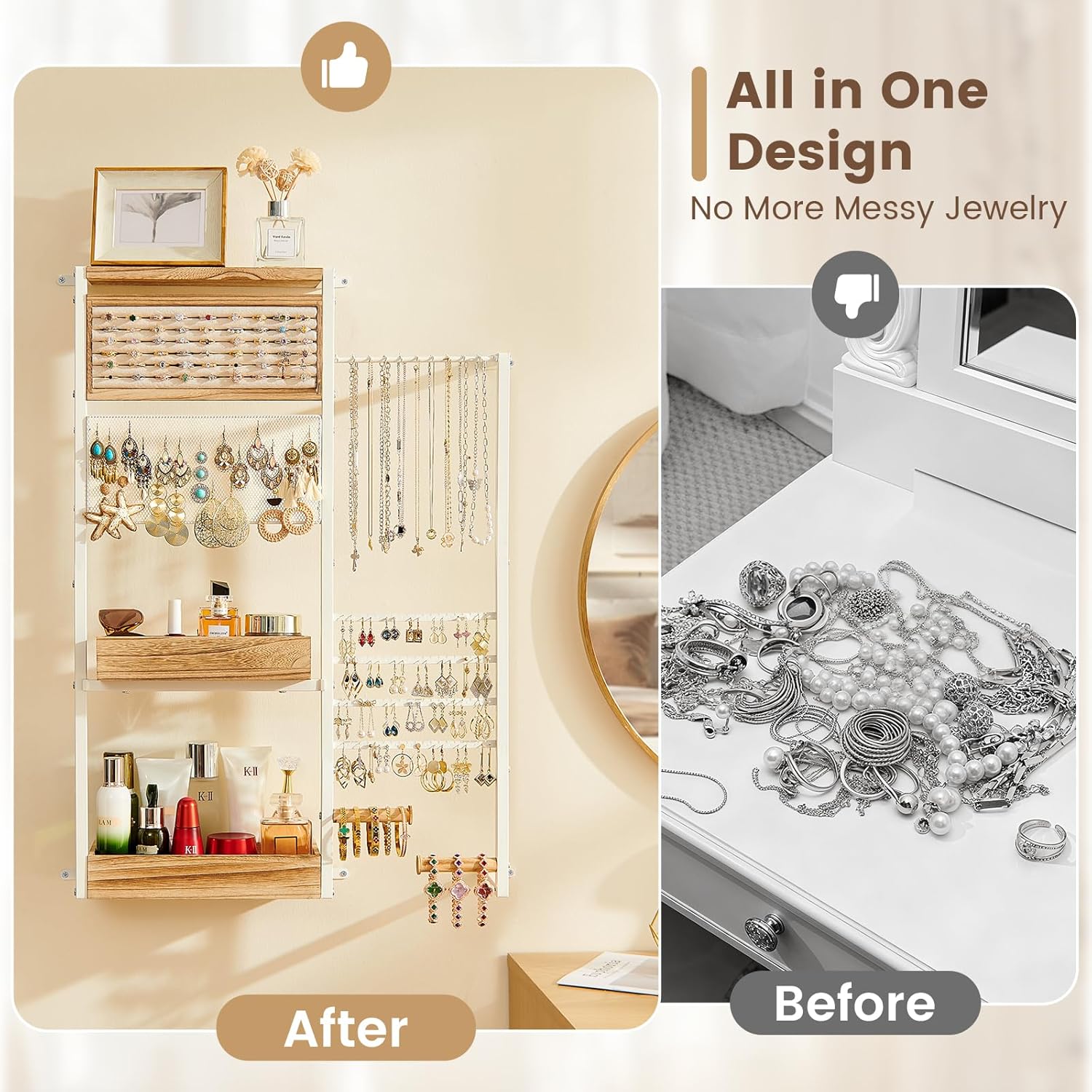 Pinzoveco Hanging Jewelry Organizer Wall Mounted, Large Hanging Jewelry Organizer Holder for Necklaces,Bracelest,Earrings,Rings,Watched,Makeup & Perfume (White)