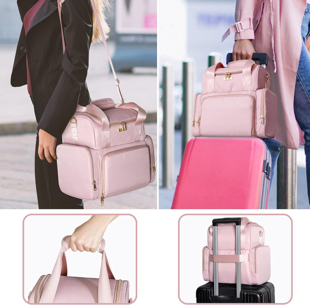 Large Makeup Cosmetic Bag with 3 Removable Case, Double Layer Travel Makeup Organizer Case with Inner Dividers and Makeup Brushes Storage Section, Pink (Patented Design)